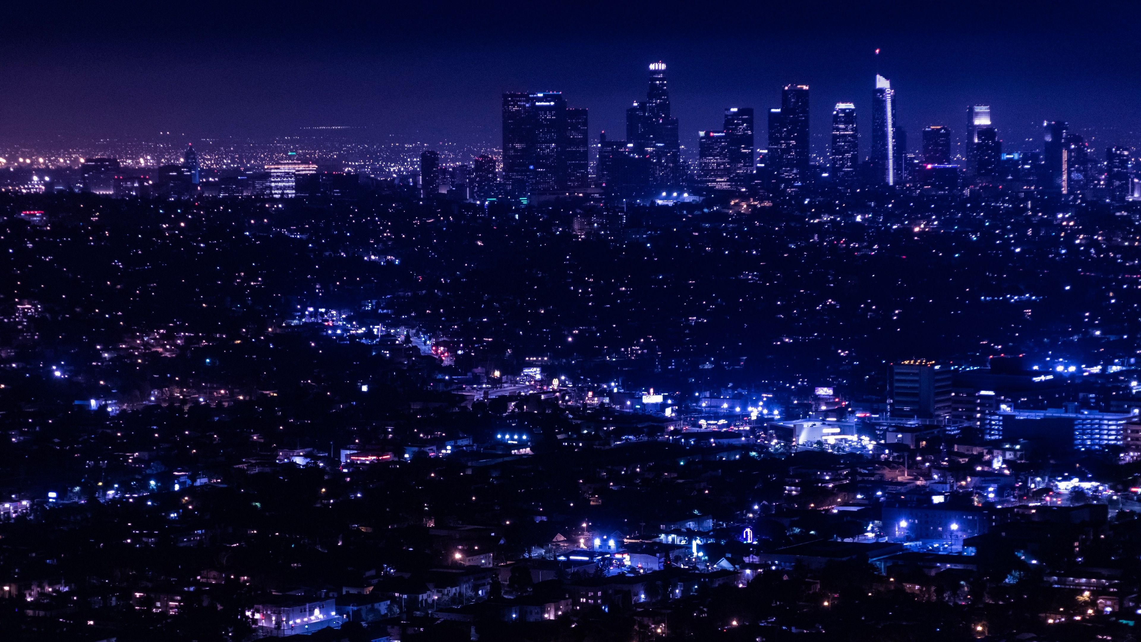 Downtown Los Angeles skyline, Wilshire Grand Center, sprawling night city lights, 4K Desktop wallpaper