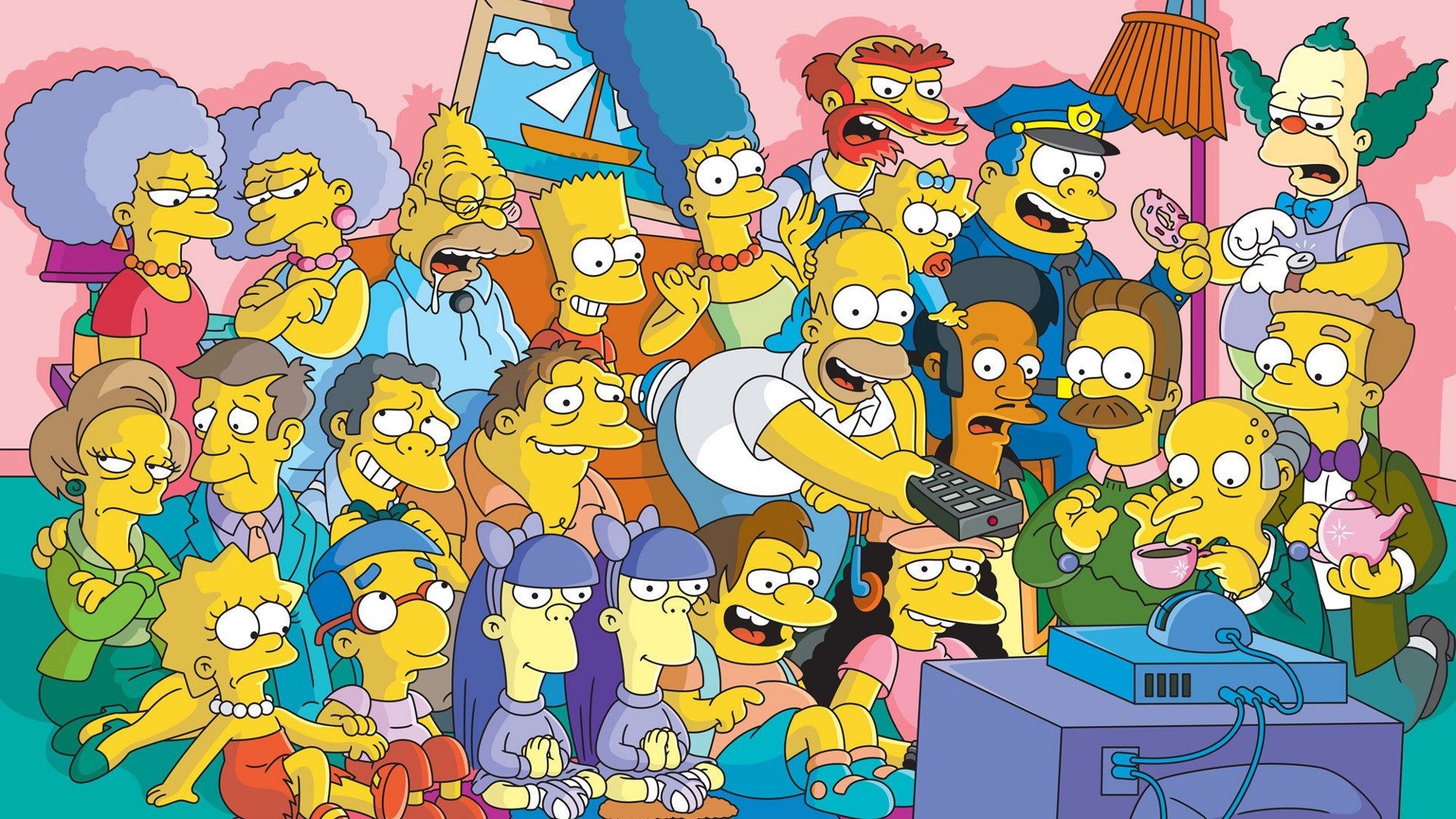 The Simpsons ensemble cast, Bart Simpson, Homer Simpson, Ned Flanders, Mr. Burns, Full HD Desktop wallpaper