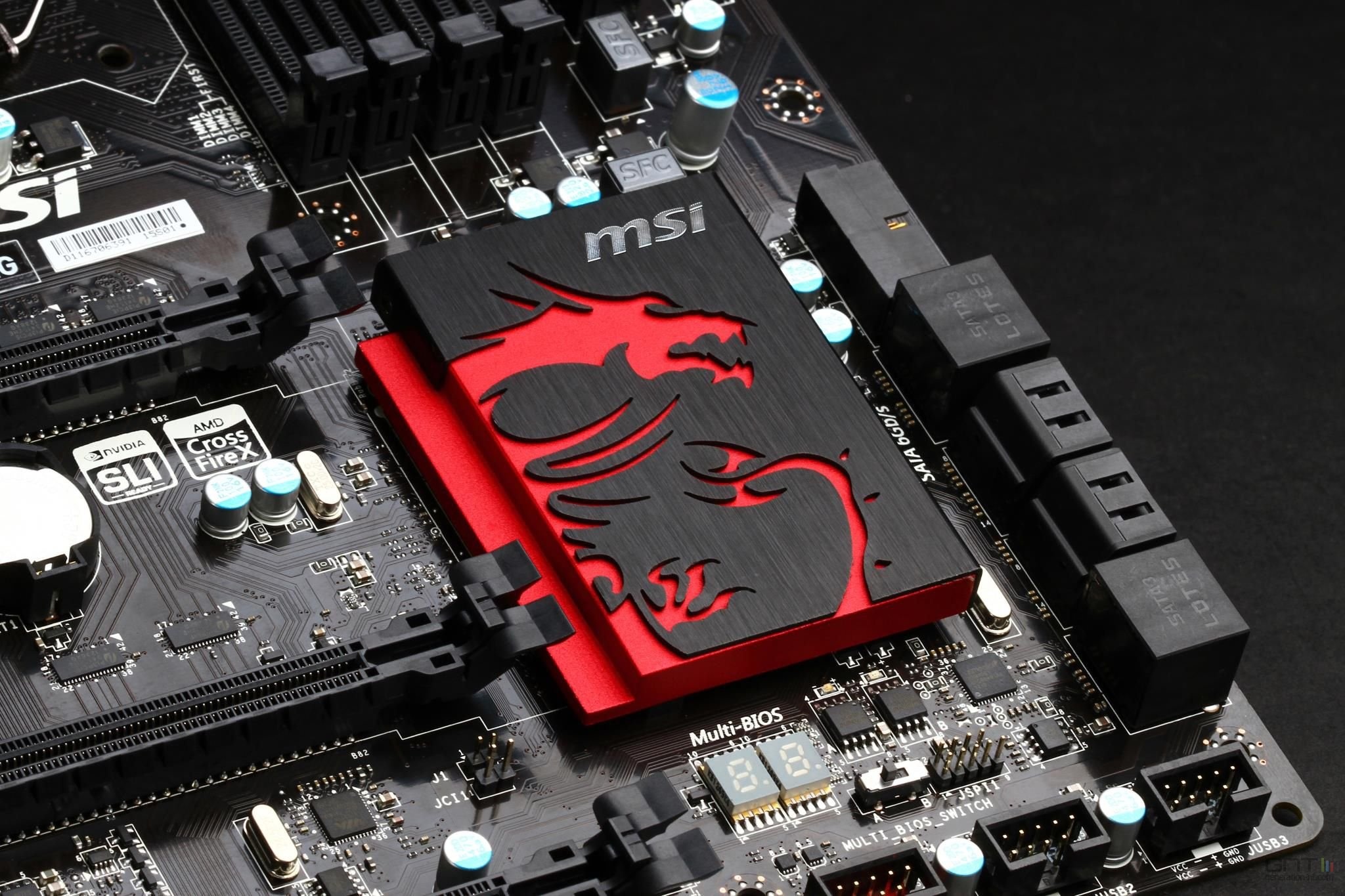 MSI dragon heatsink, computer motherboard PCB, Multi-BIOS debug display, HD Desktop wallpaper