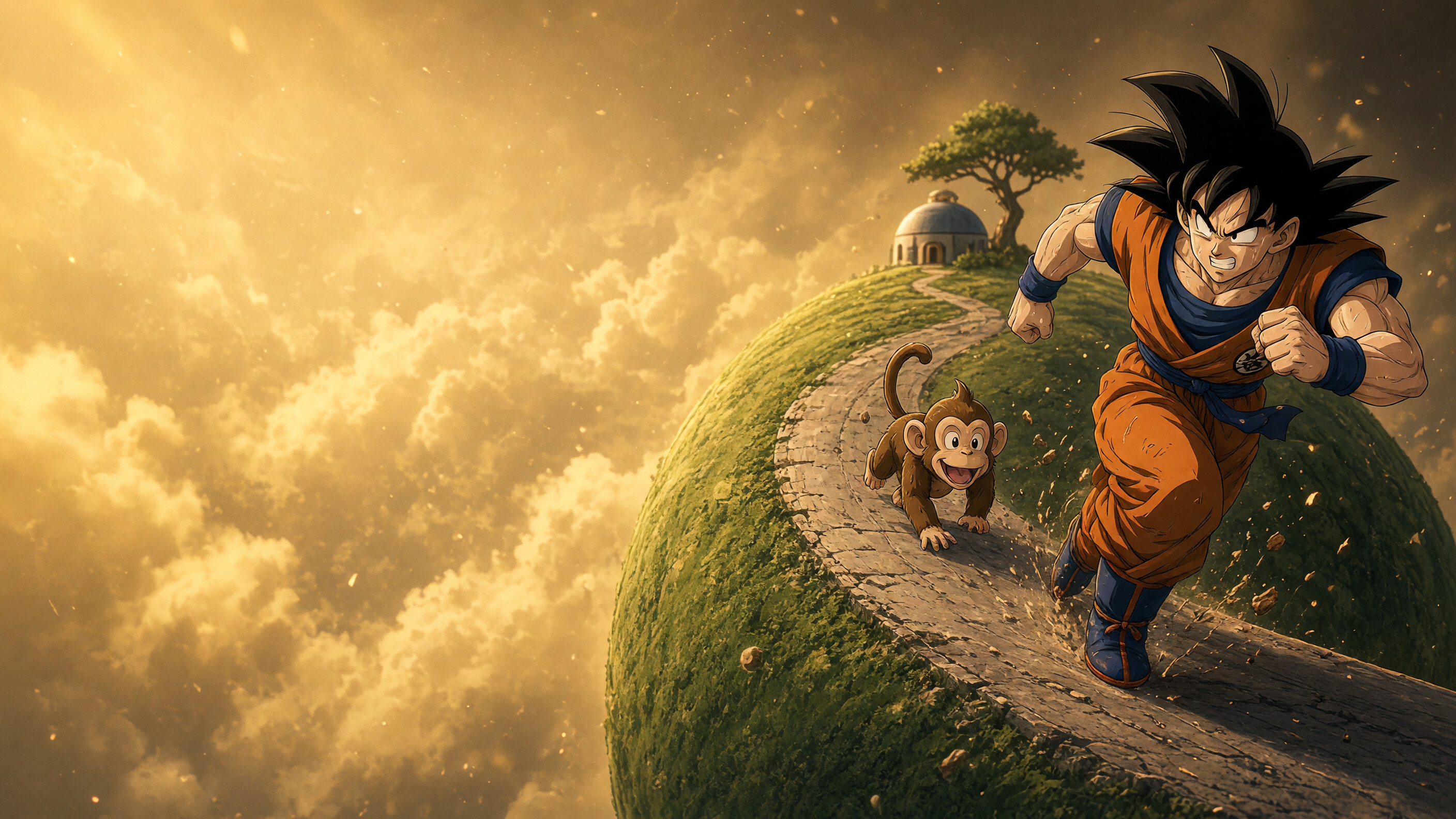 Goku, Weighted Clothing, King Kai's Planet, Bubbles, Spiral road, Golden cloudscape, Dragon Ball Z, HD Desktop wallpaper