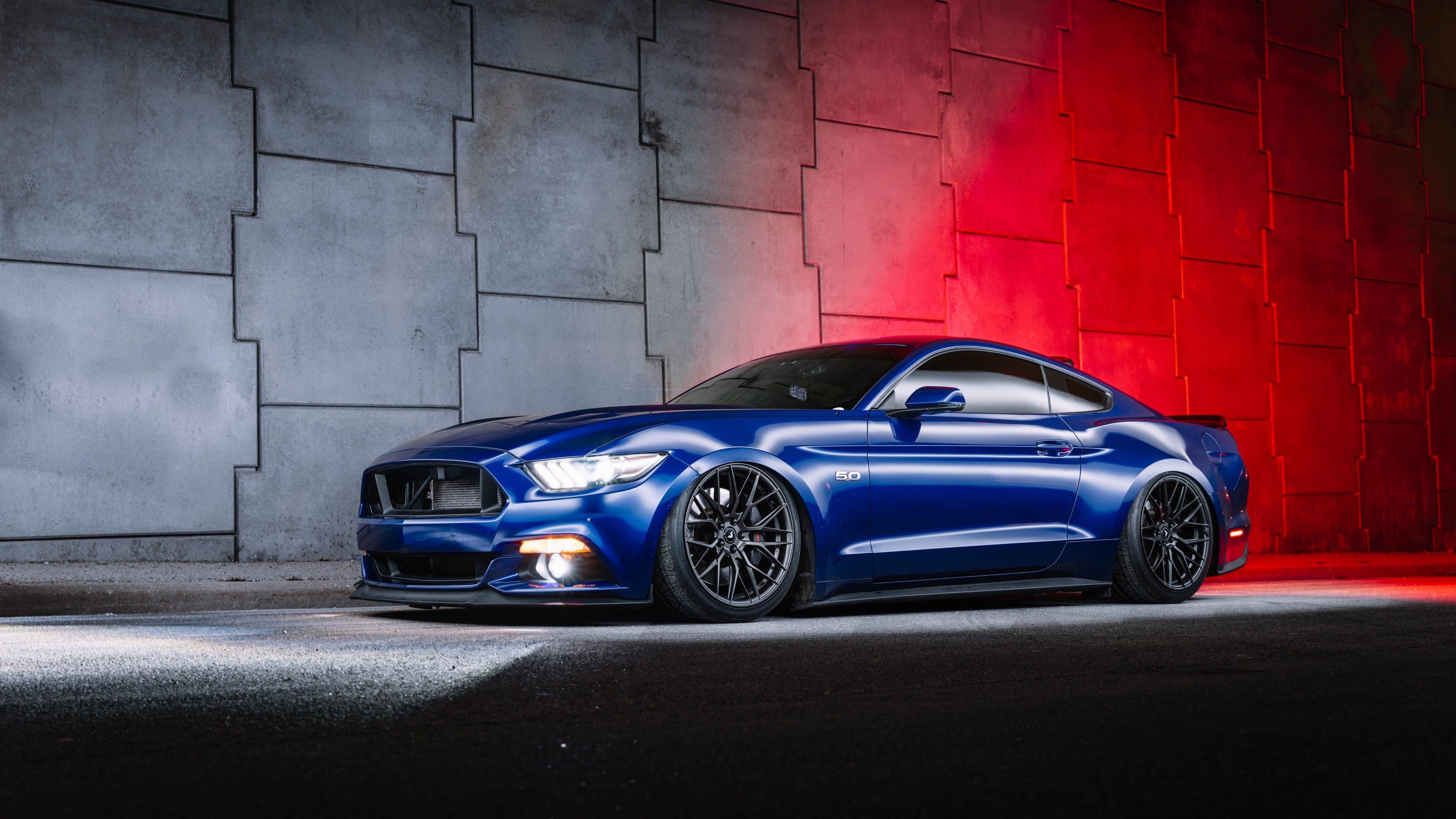 Ford Mustang GT S550, concrete panel wall, red ambient lighting, 4K Desktop wallpaper