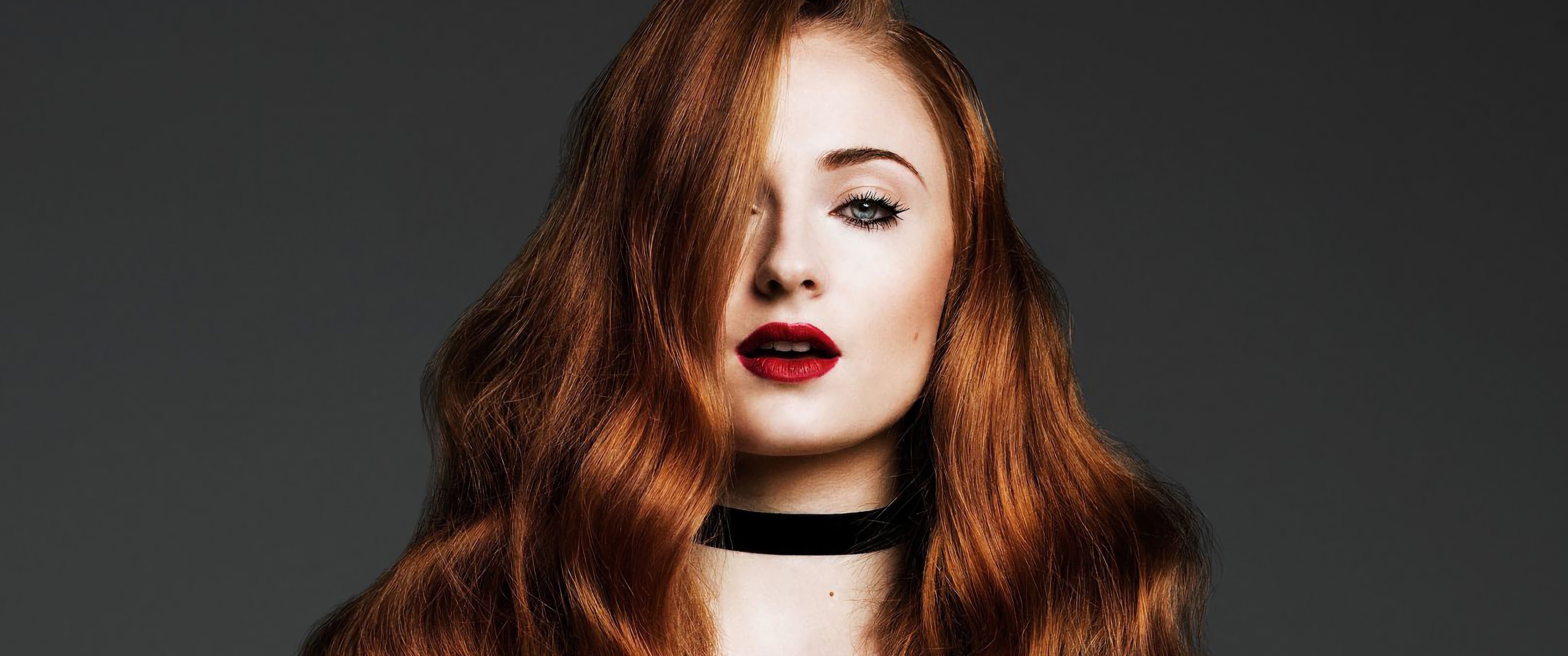 Sophie Turner, Redhead beauty, 4K wallpaper, Striking portrait, 3440x1440 Dual Screen Desktop