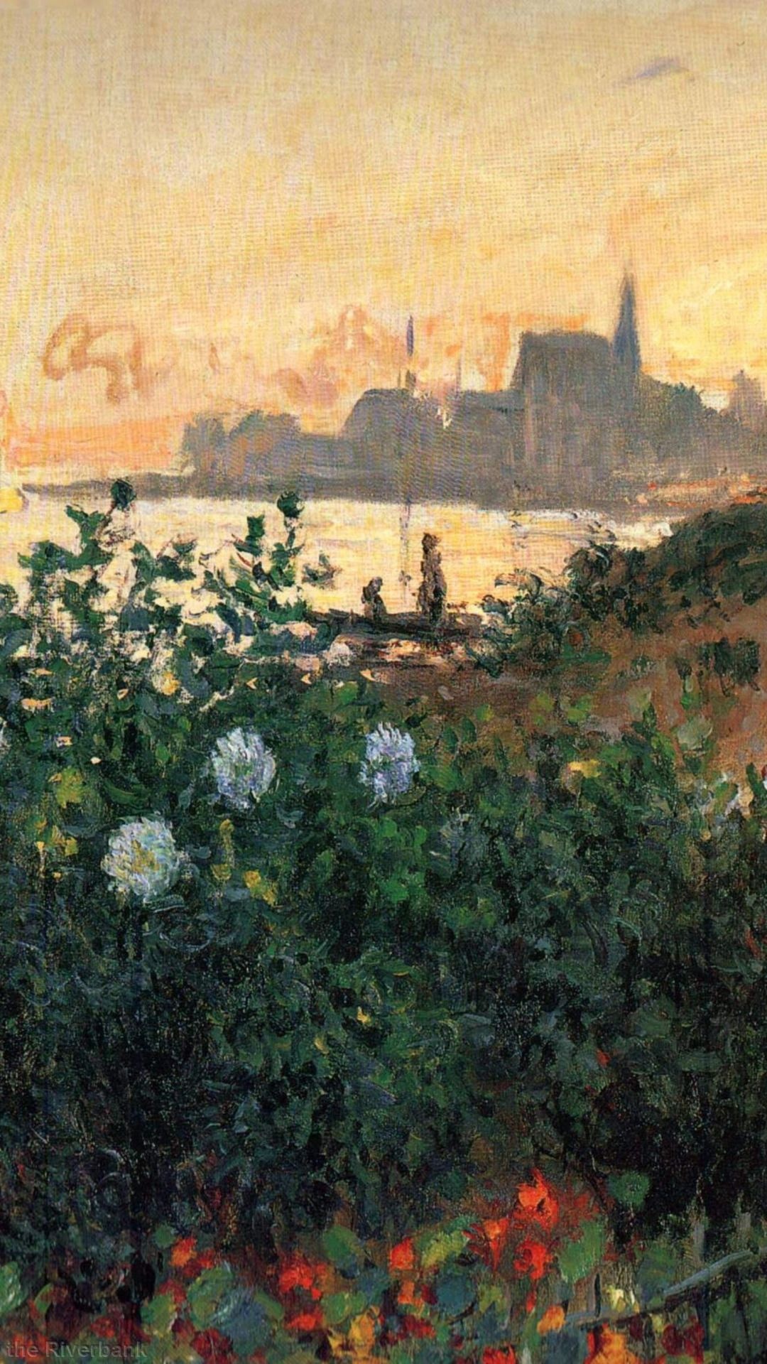 Flowers on the Riverbank, Argenteuil, distant church spire skyline, the Riverbank text, Full HD Phone wallpaper