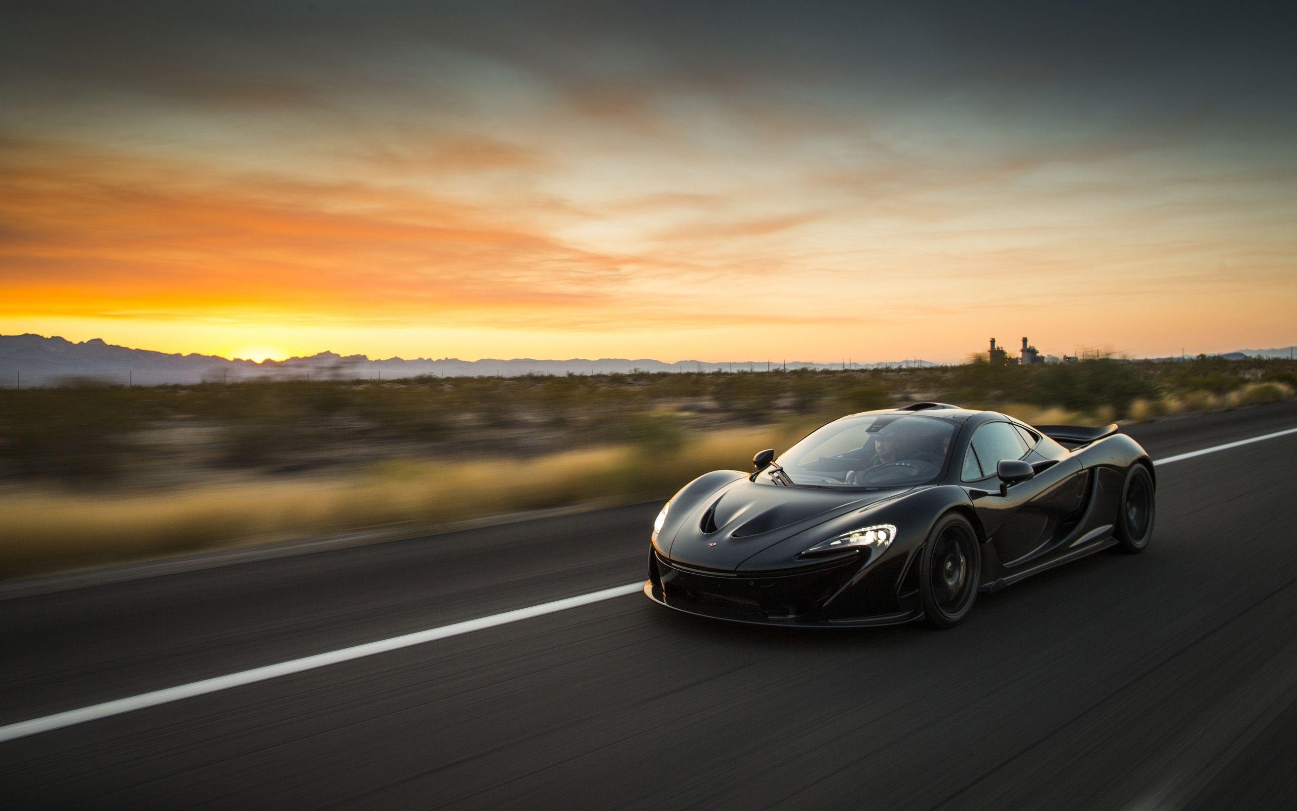 black McLaren P1, desert highway, sunset sky, HD Desktop wallpaper