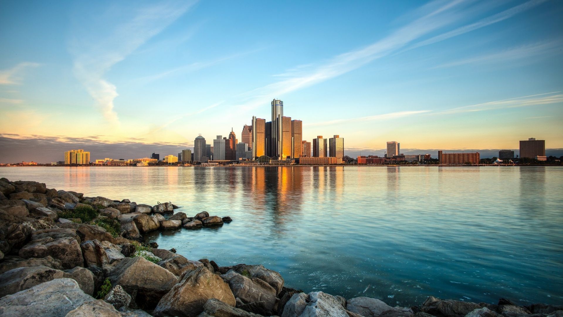 Detroit Skyline, Rocking cityscape, Unique buildings, Vibrant image, 1920x1080 Full HD Desktop