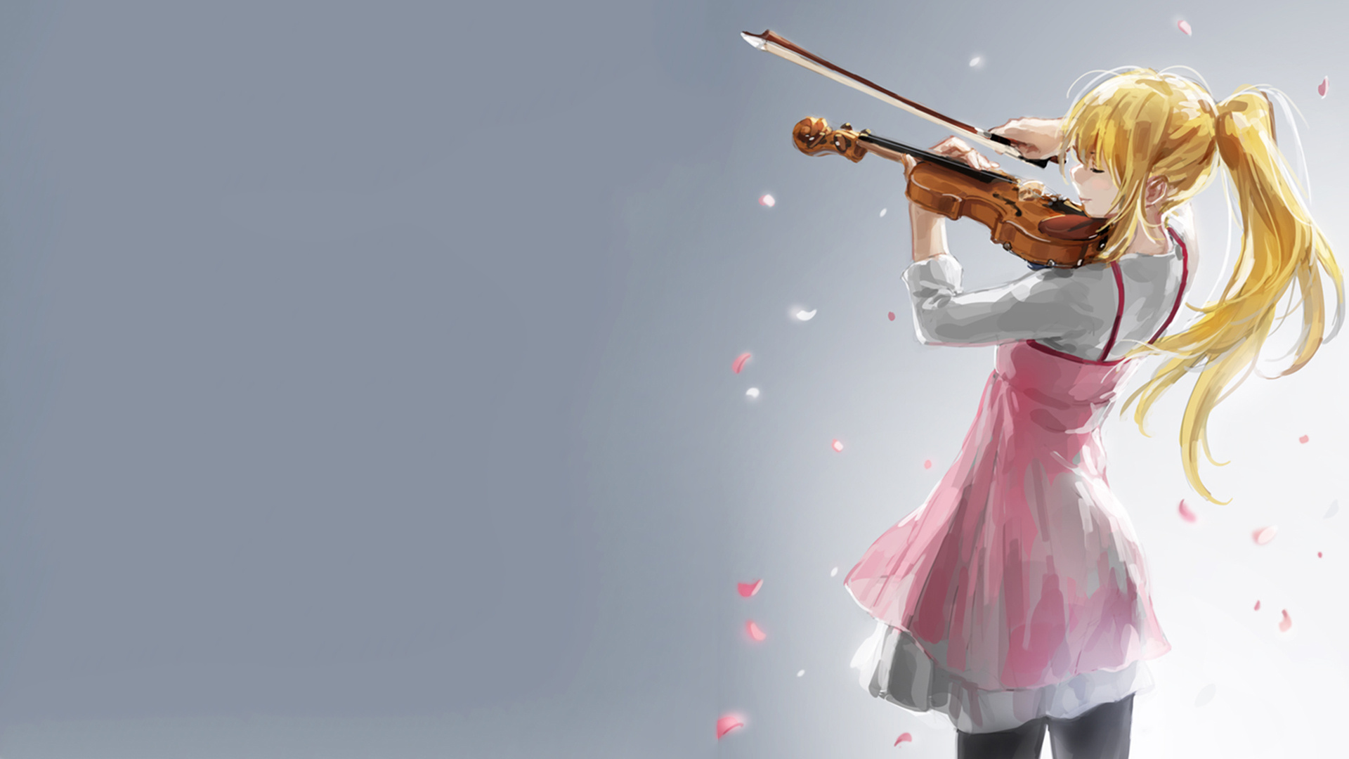 Kaori Miyazono playing violin, Floating cherry blossom petals, Pink sundress, Full HD Desktop wallpaper