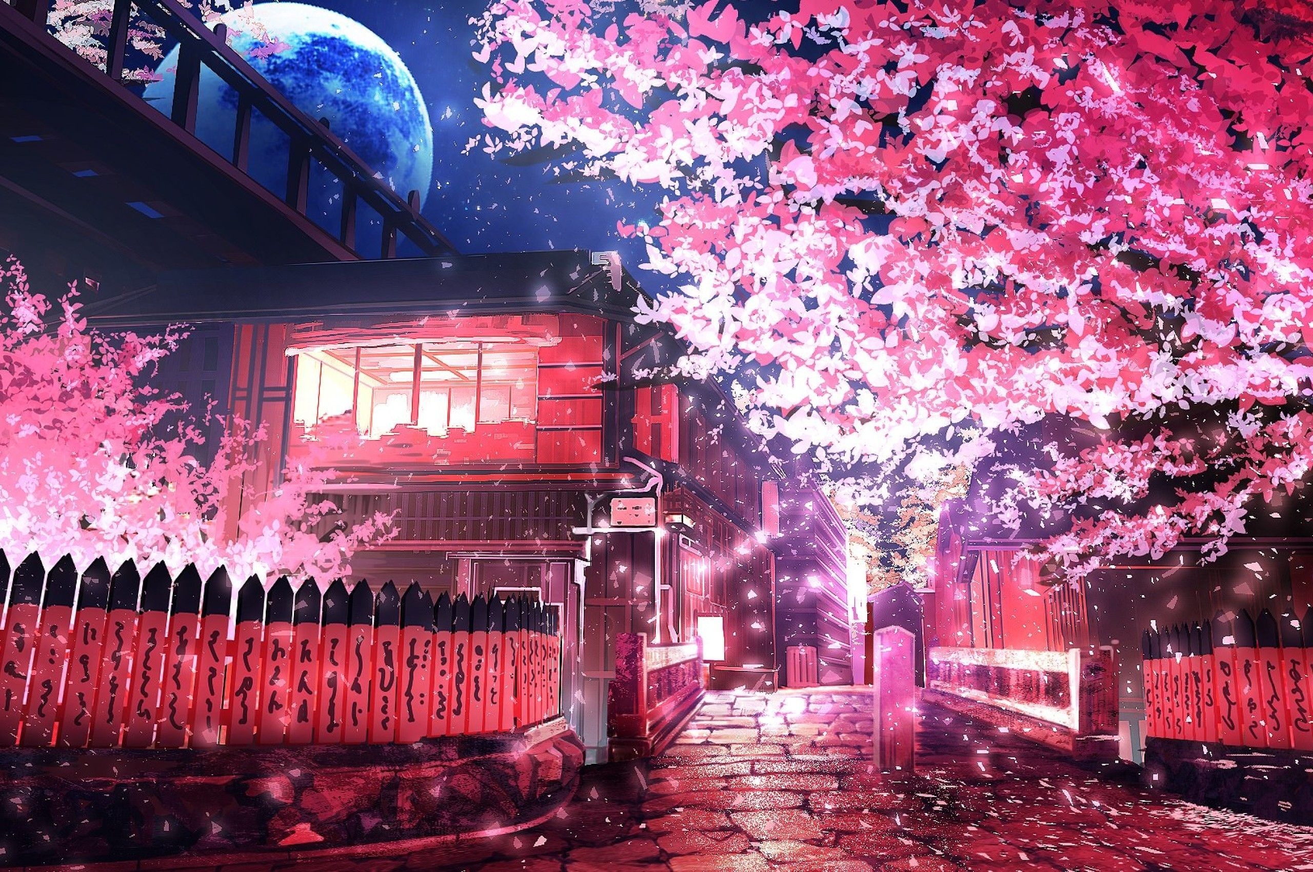 Blooming cherry blossom tree, Traditional Japanese alley, Glowing blue full moon, HD Desktop wallpaper