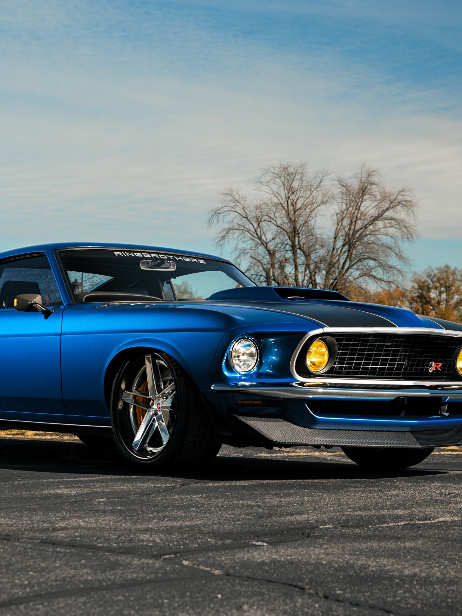 Ringbrothers 1969 Ford Mustang Mach 1, Carbon fiber front splitter, Metallic blue paint finish, HD Phone wallpaper