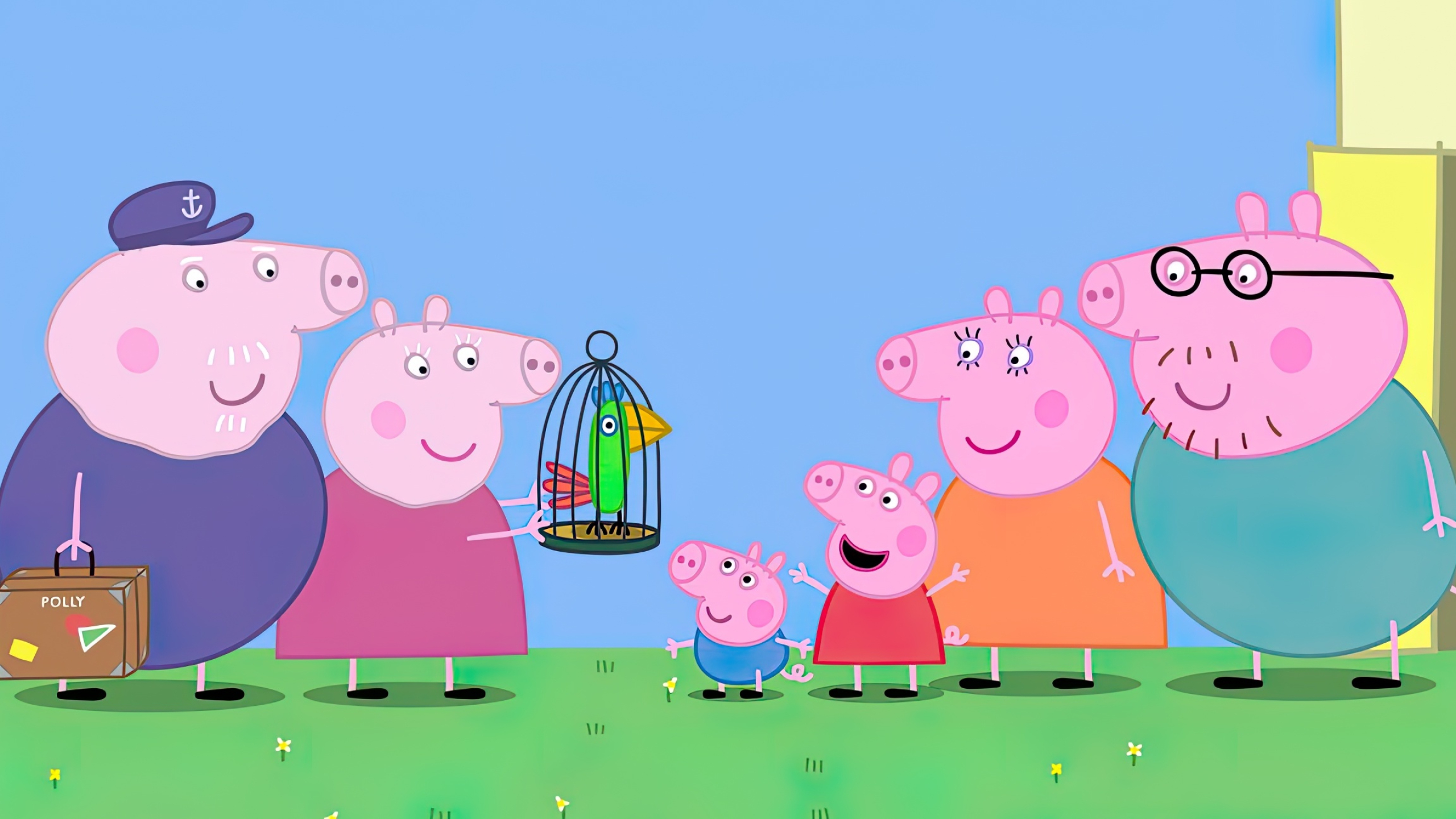Peppa Pig and George Pig, Grandpa Pig and Granny Pig, Polly Parrot in birdcage, Daddy Pig and Mummy Pig, HD Desktop wallpaper