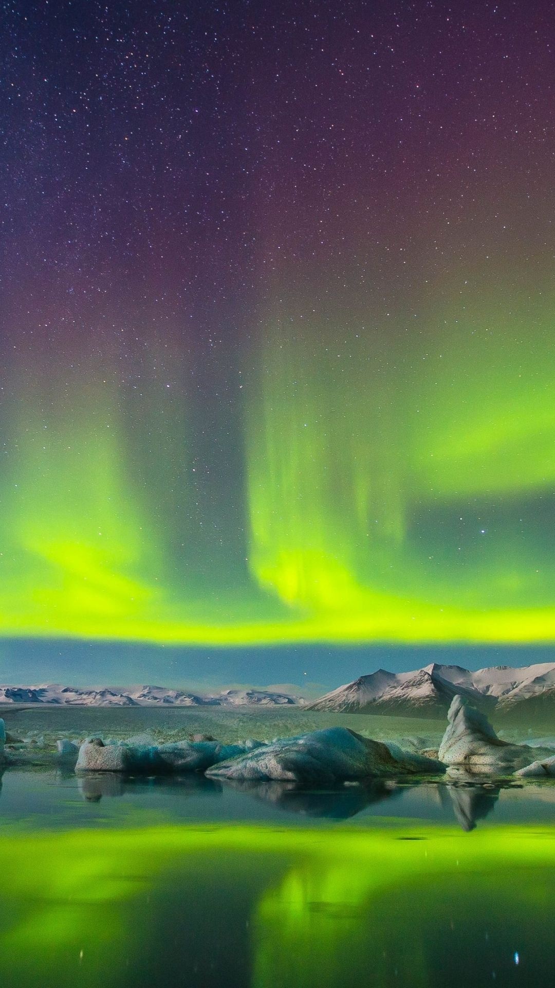 Aurora Borealis night sky, Floating glacial icebergs, Snow-capped mountain reflection, Full HD Phone wallpaper