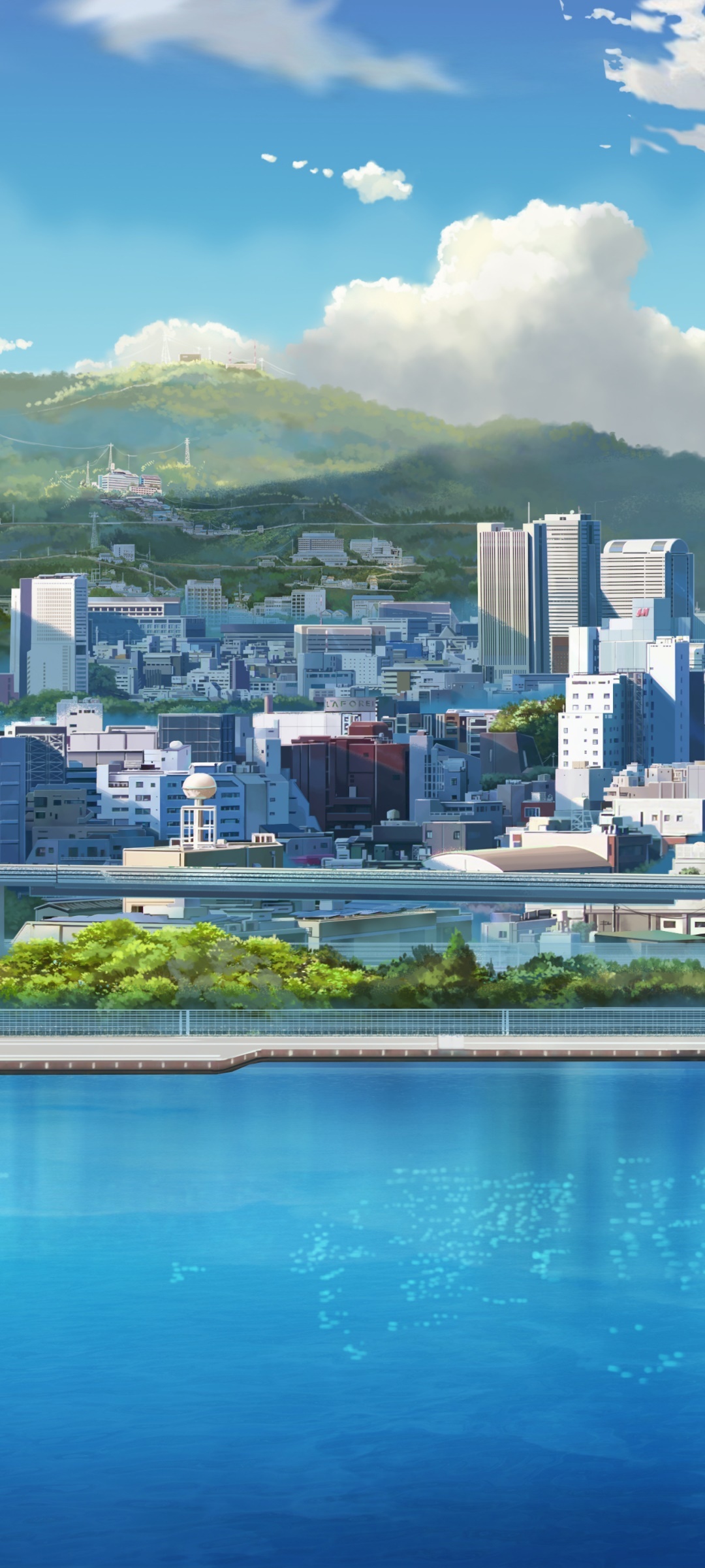 anime city skyline, waterfront promenade railing, green mountain backdrop, HD Phone wallpaper