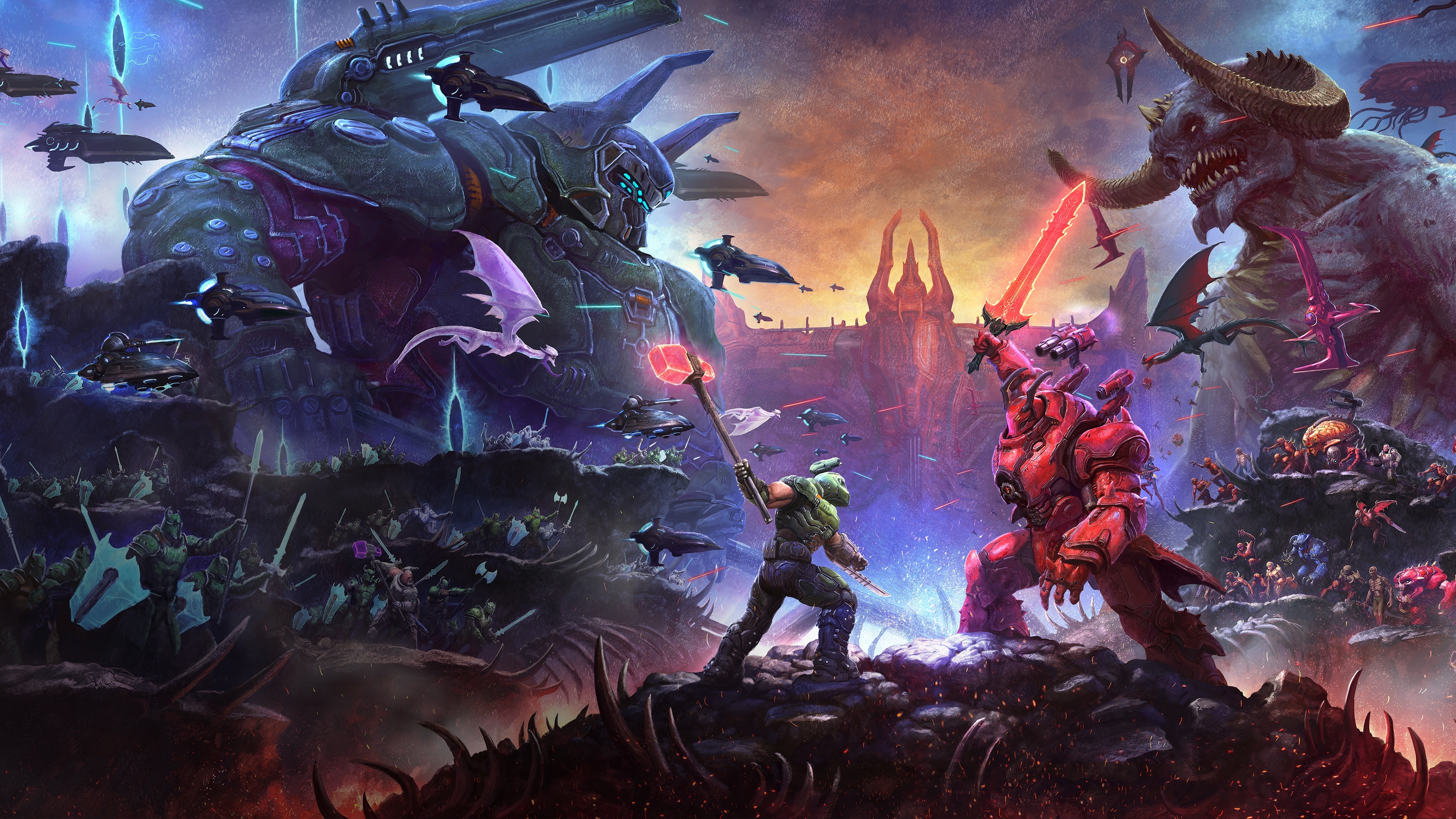 Doom Slayer with Sentinel Hammer, Davoth in mech armor, Sentinel Atlan mech, DOOM Eternal: The Ancient Gods, 4K Desktop wallpaper