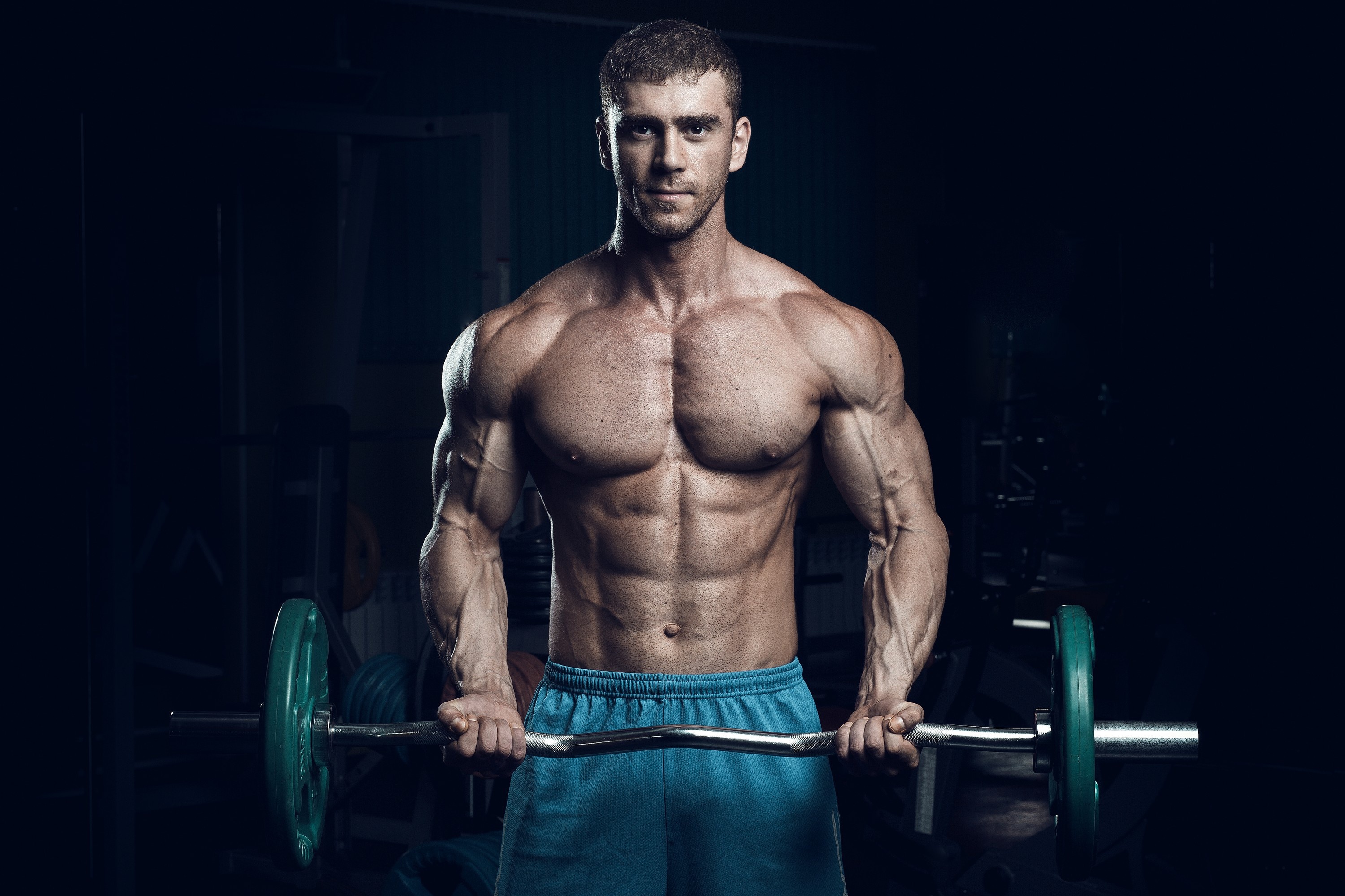 Muscular male bodybuilder, EZ curl barbell, Dark gym interior, HD Desktop wallpaper
