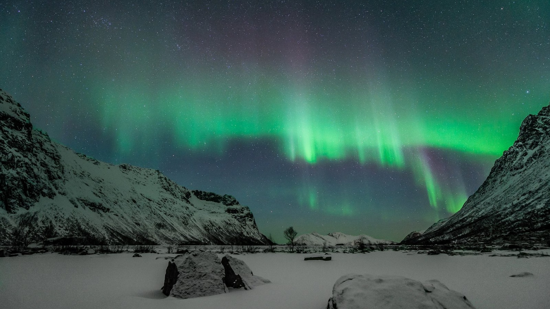 Green Aurora Borealis, Snow covered mountain valley, Starry night sky, Full HD Desktop wallpaper