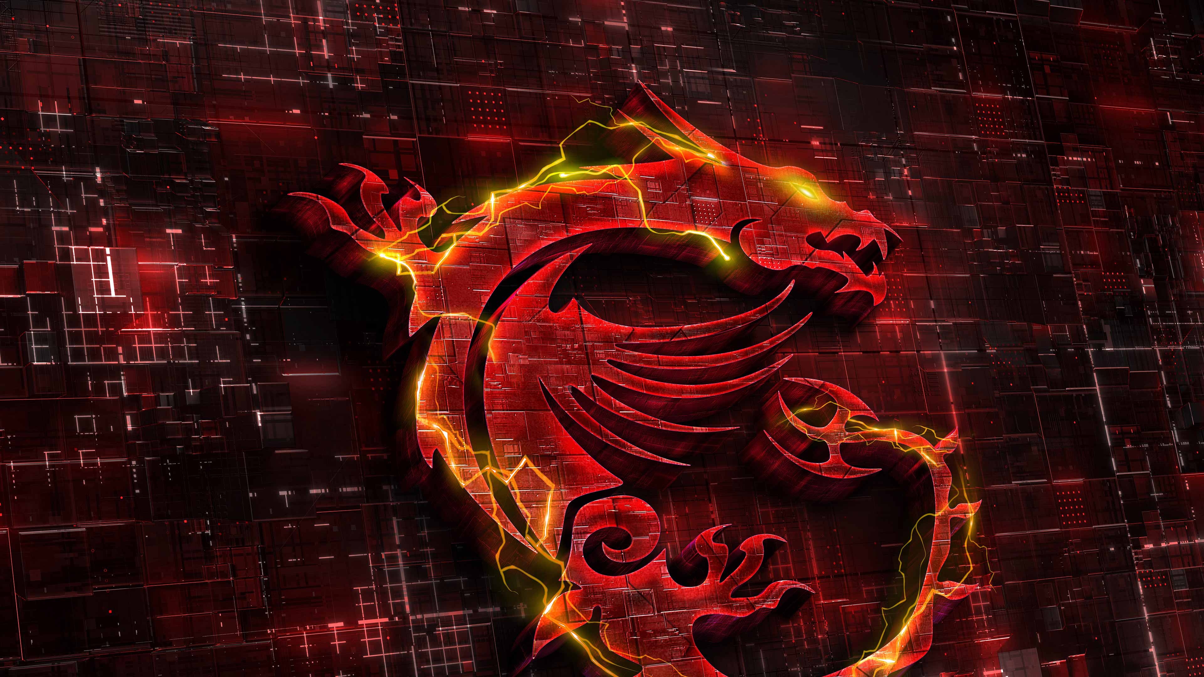 MSI Gaming dragon logo, glowing electric lightning arcs, red cybernetic panel texture, 4K Desktop wallpaper