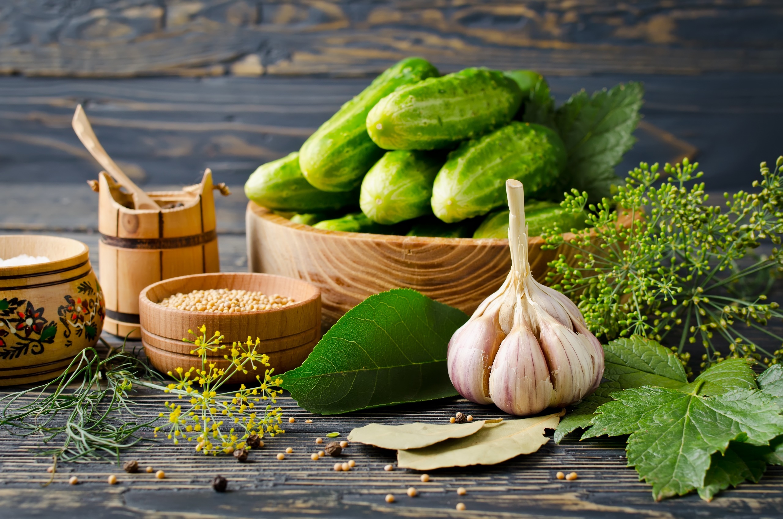 Cucumbers and herbs, Garlic Wallpaper, 2560x1700 HD Desktop