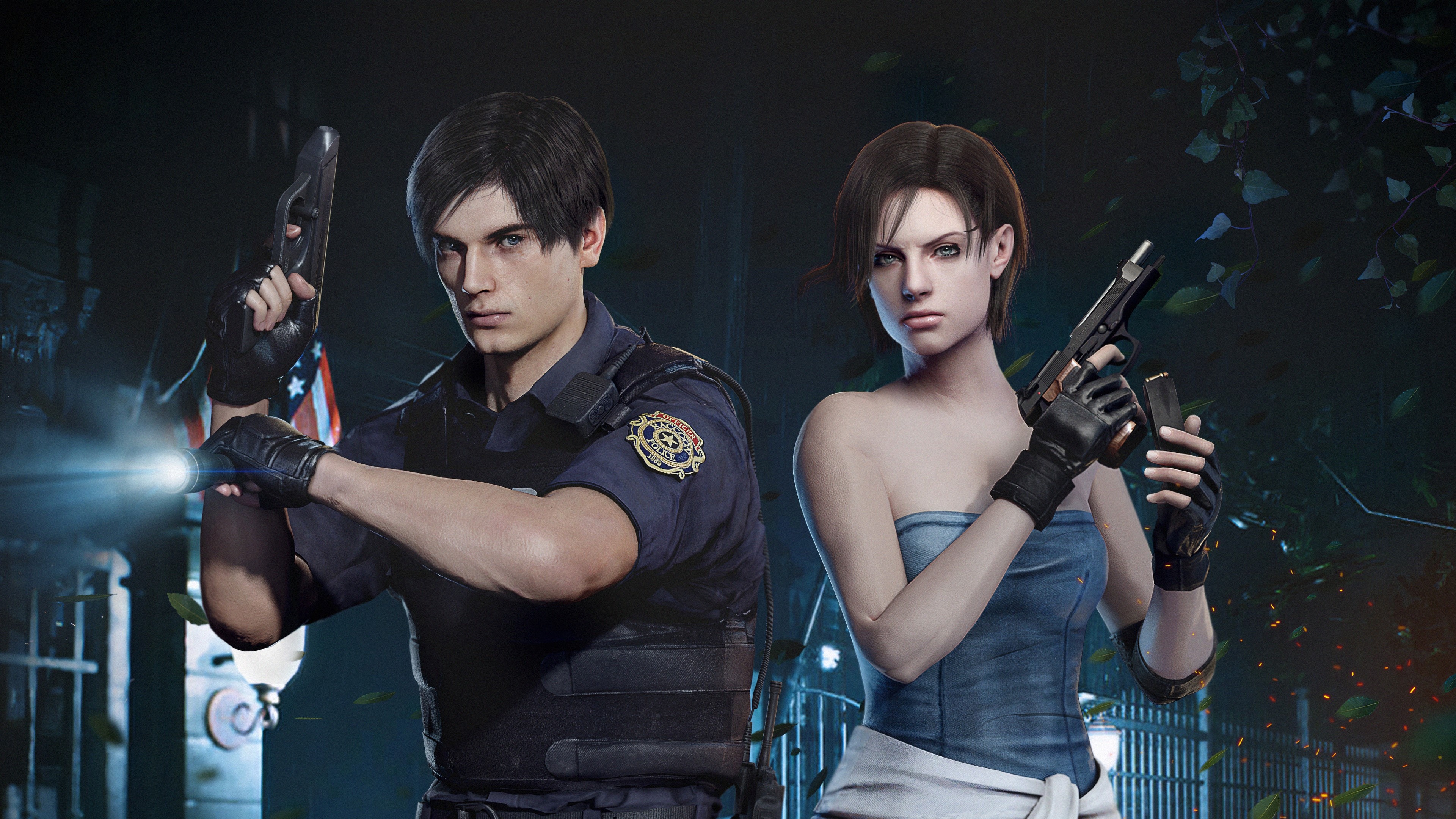 Leon S. Kennedy, Jill Valentine, Raccoon Police Department uniform, 4K Desktop wallpaper