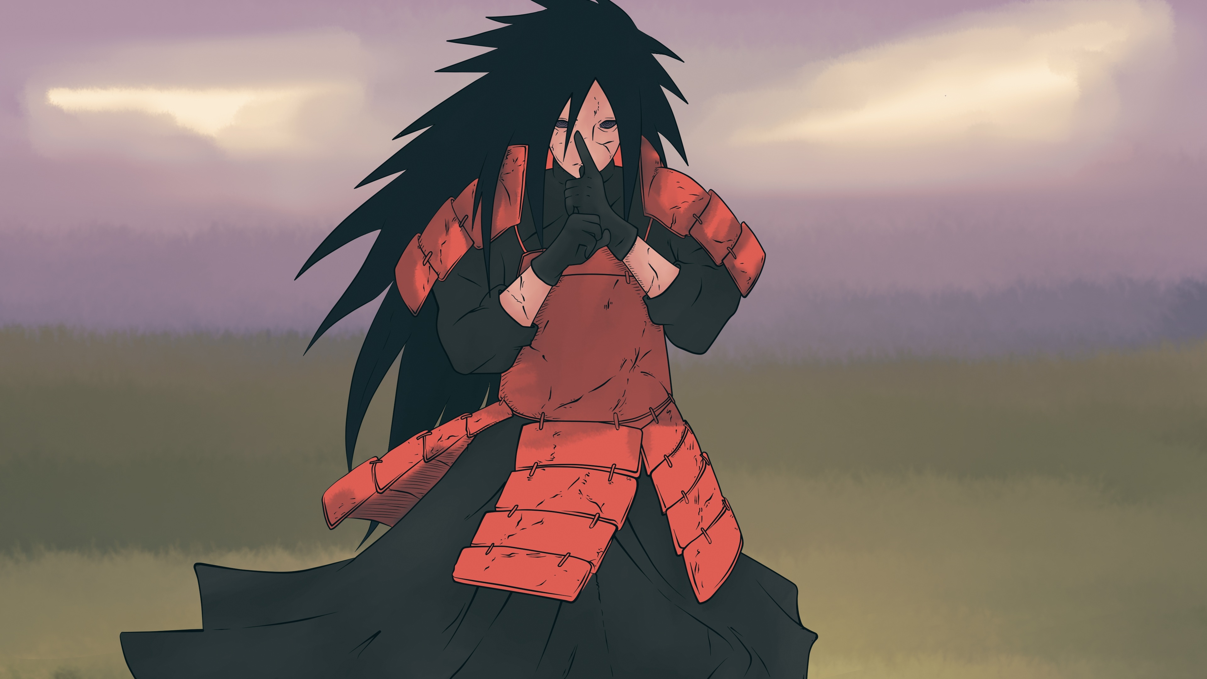 Edo Tensei Madara, red shinobi armor, ninja hand seal, 4K Desktop wallpaper