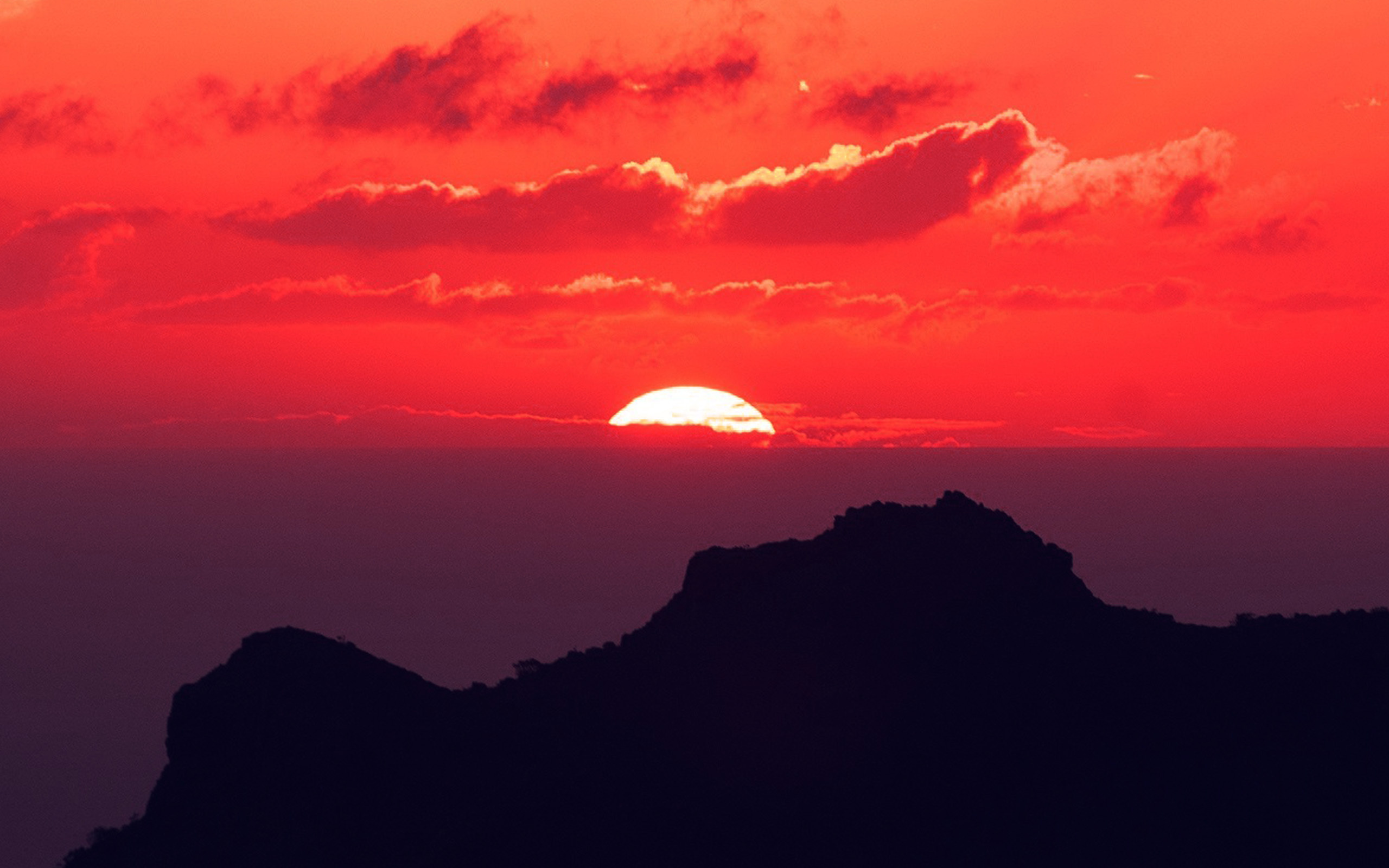 silhouette mountain ridge, half setting sun, crimson sunset sky, HD Desktop wallpaper