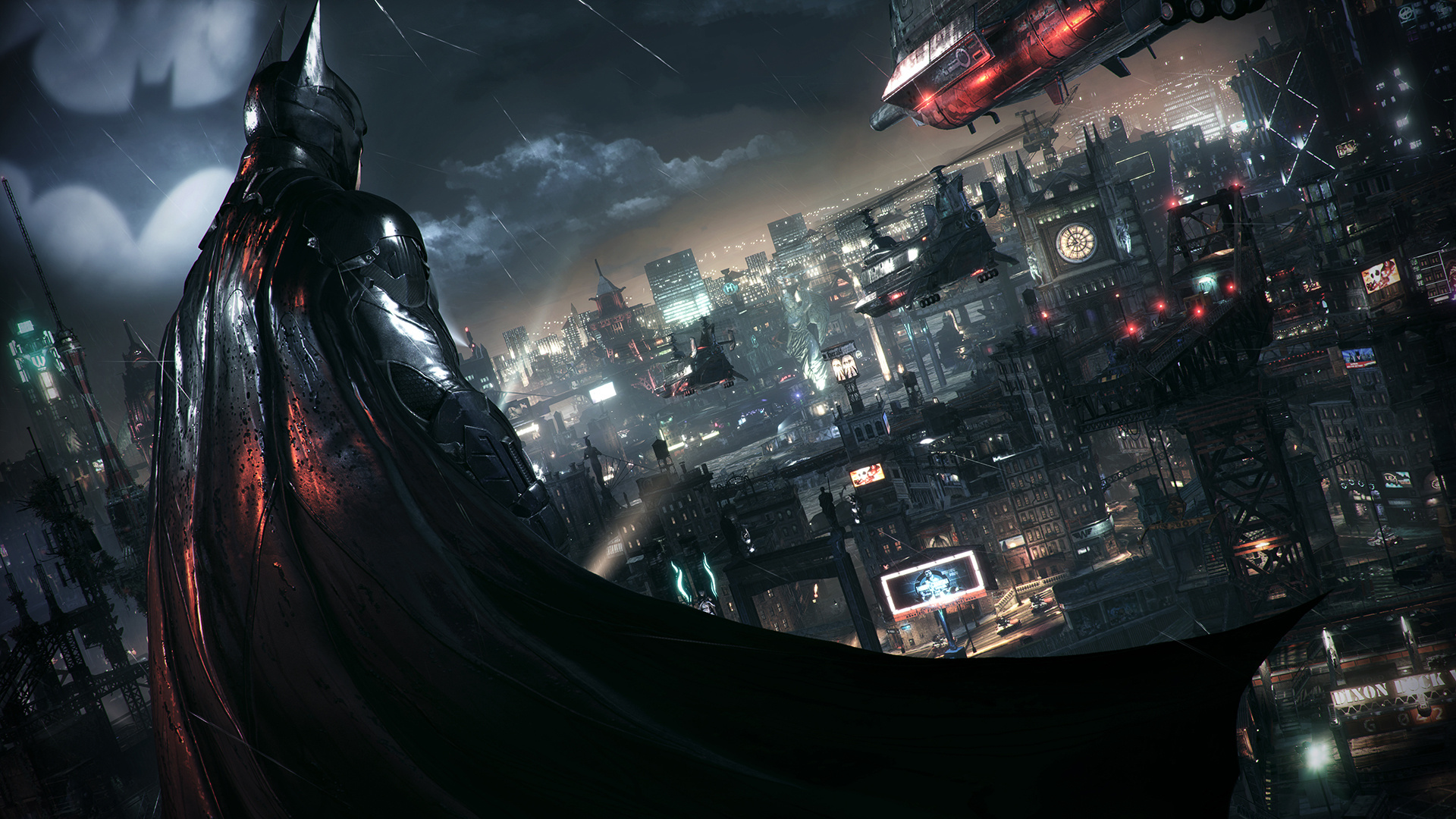 Batman in Arkham Knight suit, Bat-Signal in night sky, Gotham City skyline, Full HD Desktop wallpaper