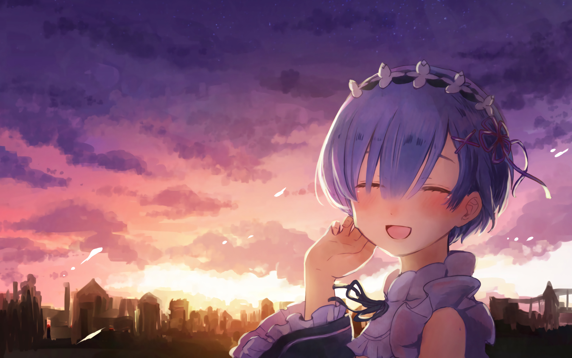 Rem from Re:Zero, Purple sunset sky, Silhouette town skyline, HD Desktop wallpaper
