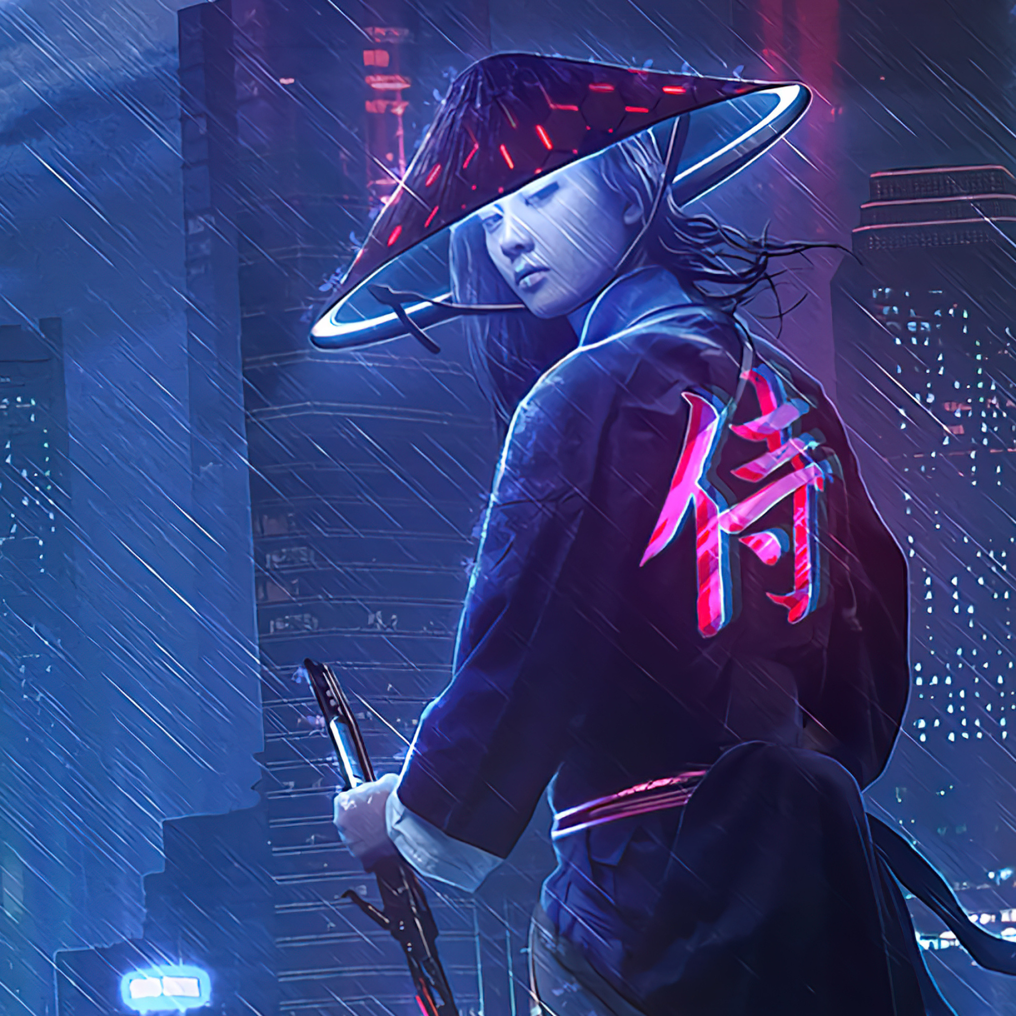 Cyberpunk female samurai, Glowing neon conical hat, Rainy futuristic cityscape, HD Phone wallpaper