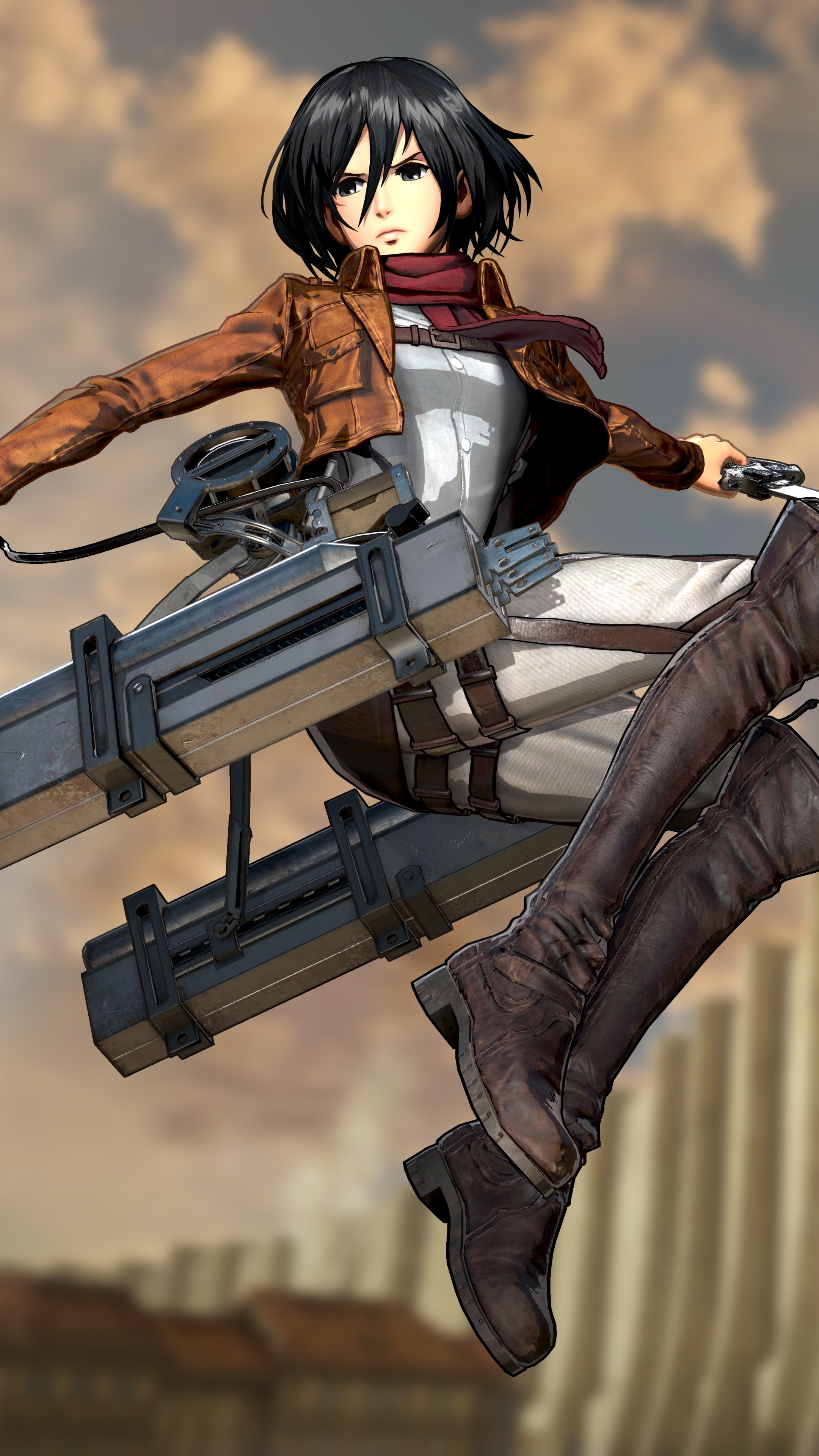 Mikasa Ackerman, Omni-directional mobility gear, Scout Regiment uniform, 4K Phone wallpaper