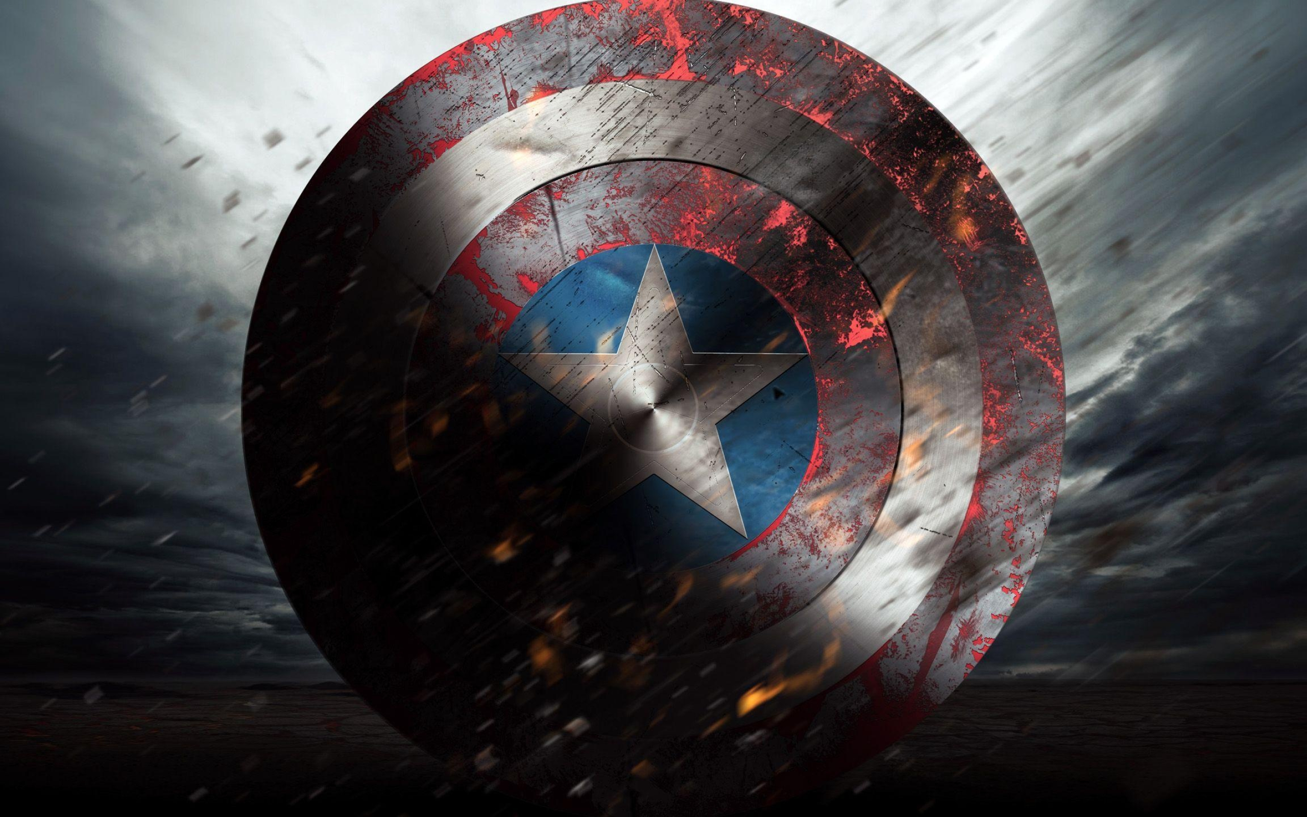 battle damaged Captain America shield, flying embers and sparks, stormy dark sky, HD Desktop wallpaper