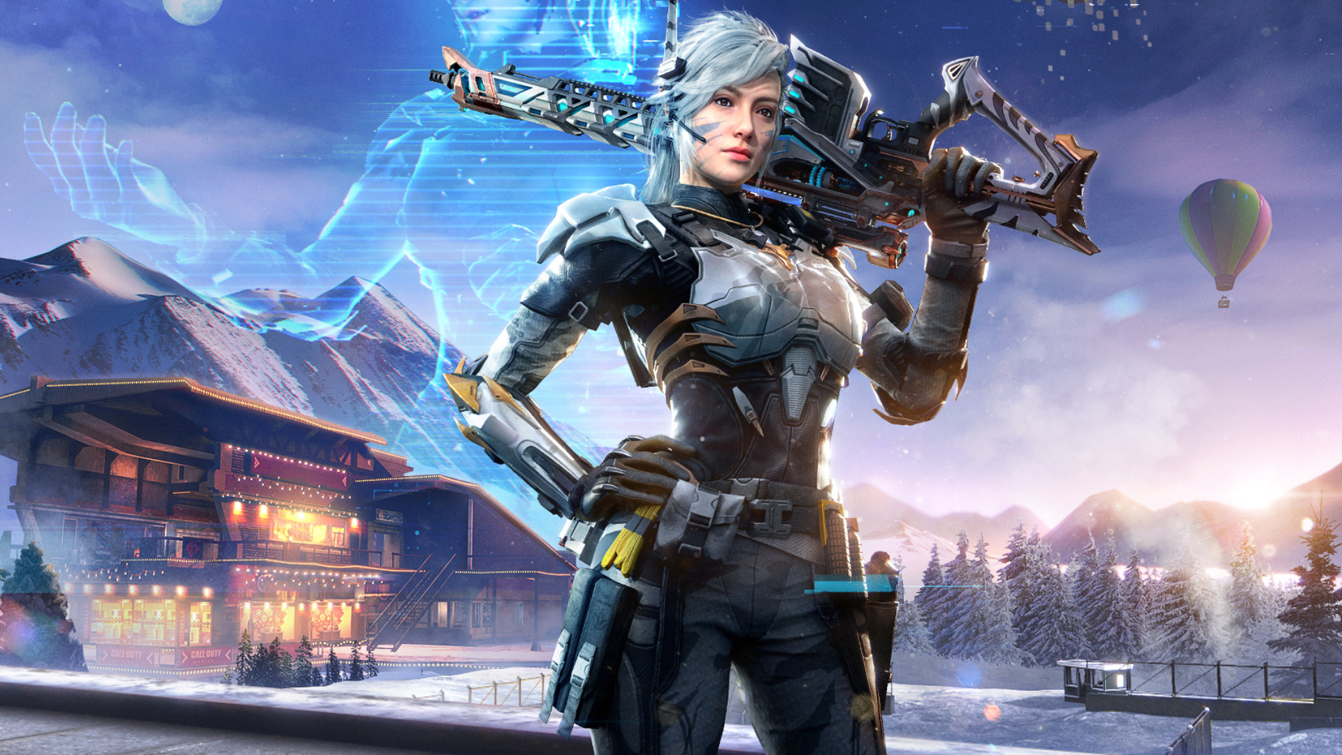 Call of Duty: Mobile, female cybernetic soldier, snowy alpine resort, Full HD Desktop wallpaper