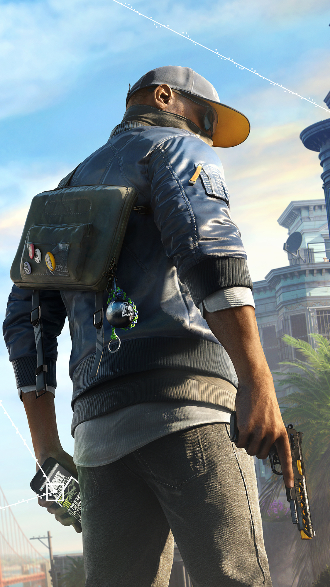 Marcus Holloway, DedSec messenger bag, Golden Gate Bridge, Full HD Phone wallpaper