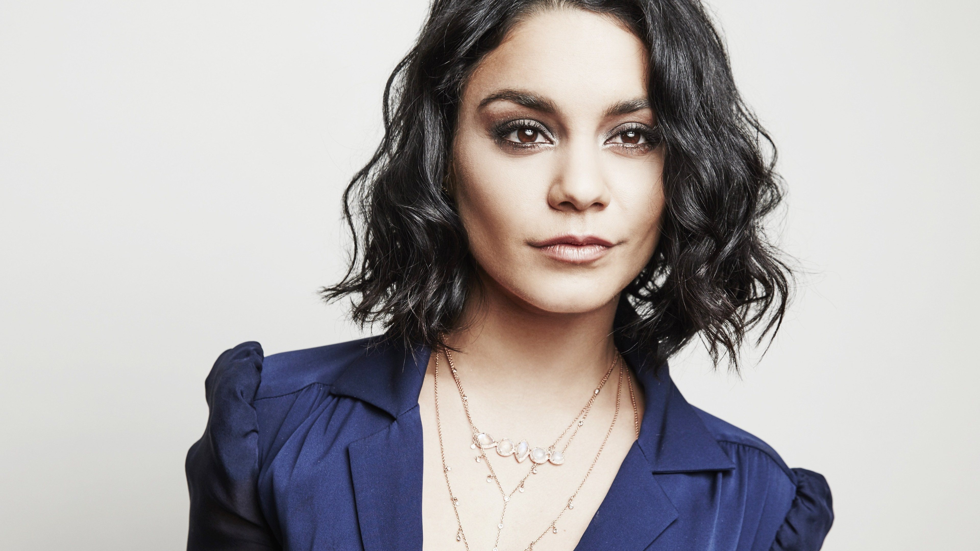 Vanessa Hudgens, layered pendant necklace, navy blue blouse, 4K Desktop wallpaper