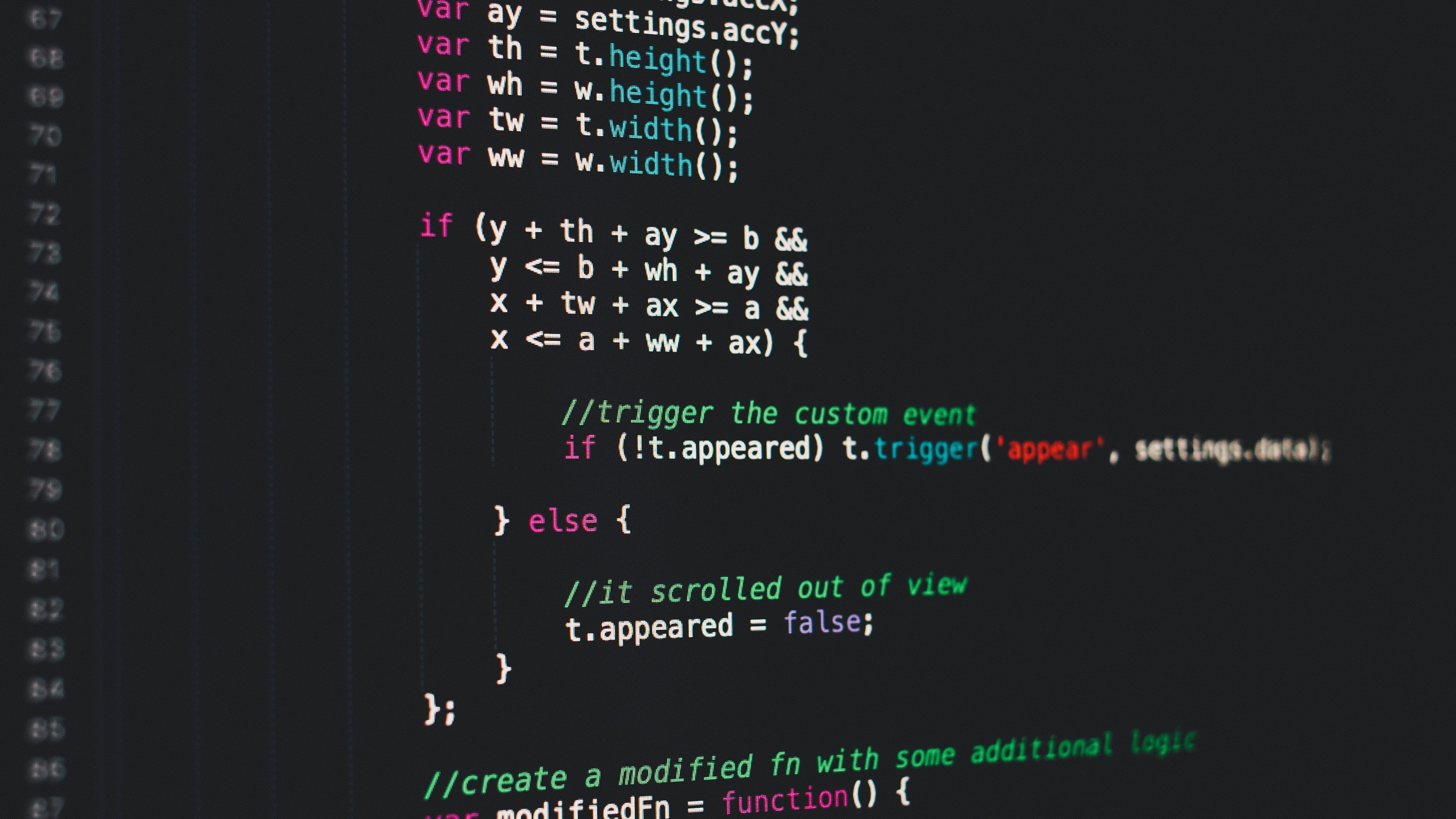 JavaScript source code, trigger the custom event, dark mode code editor, 4K Desktop wallpaper