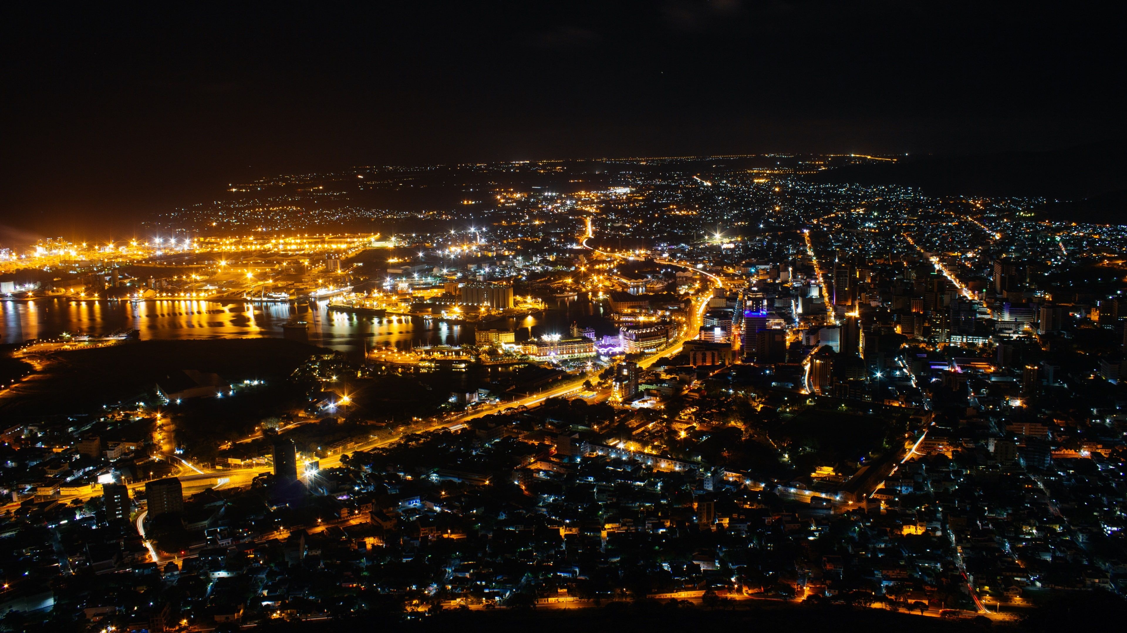 Port Louis Mauritius, illuminated harbor port, coastal city nightscape, 4K Desktop wallpaper