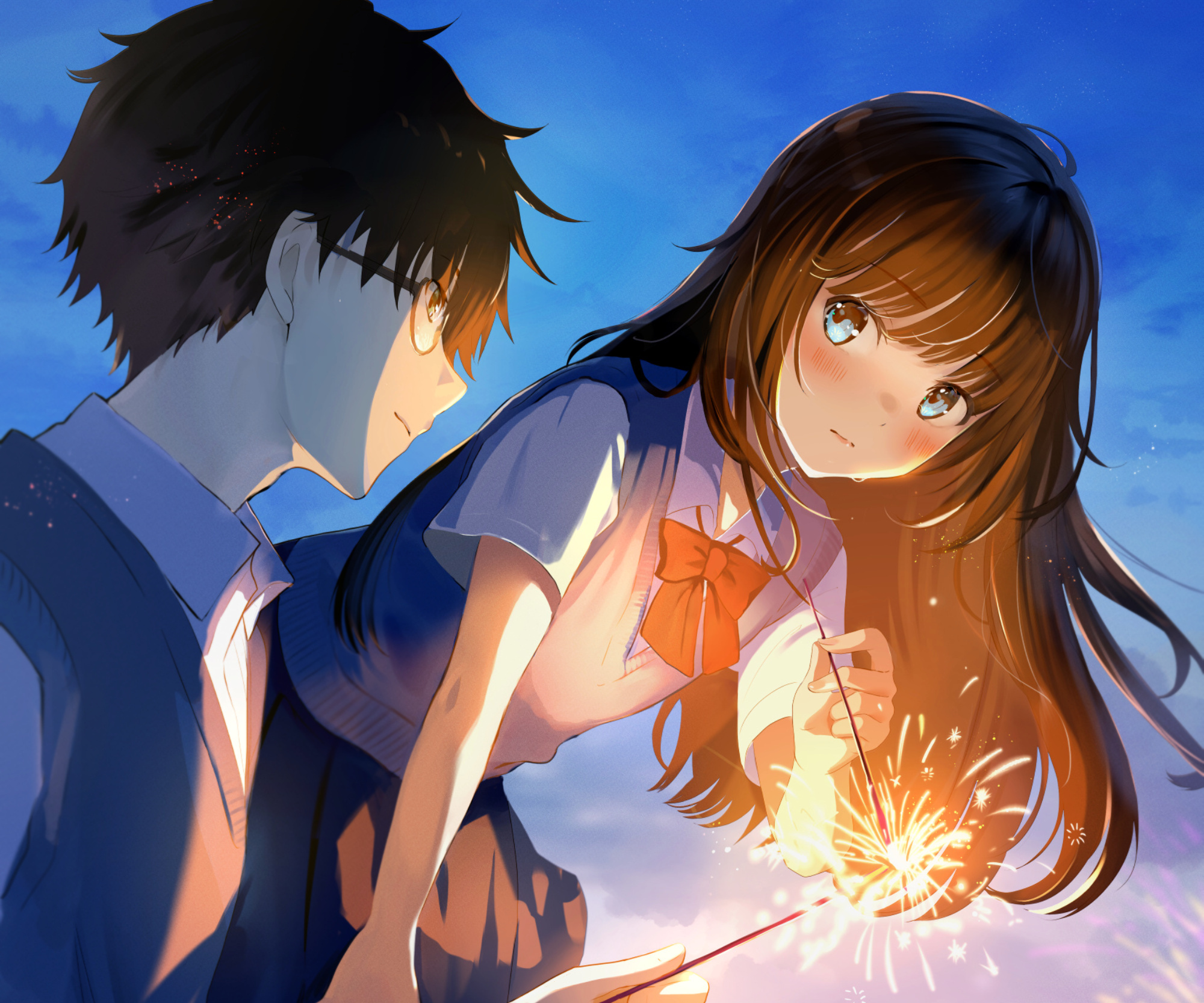blushing anime schoolgirl, anime boy with glasses, glowing sparkler firework, HD Desktop wallpaper