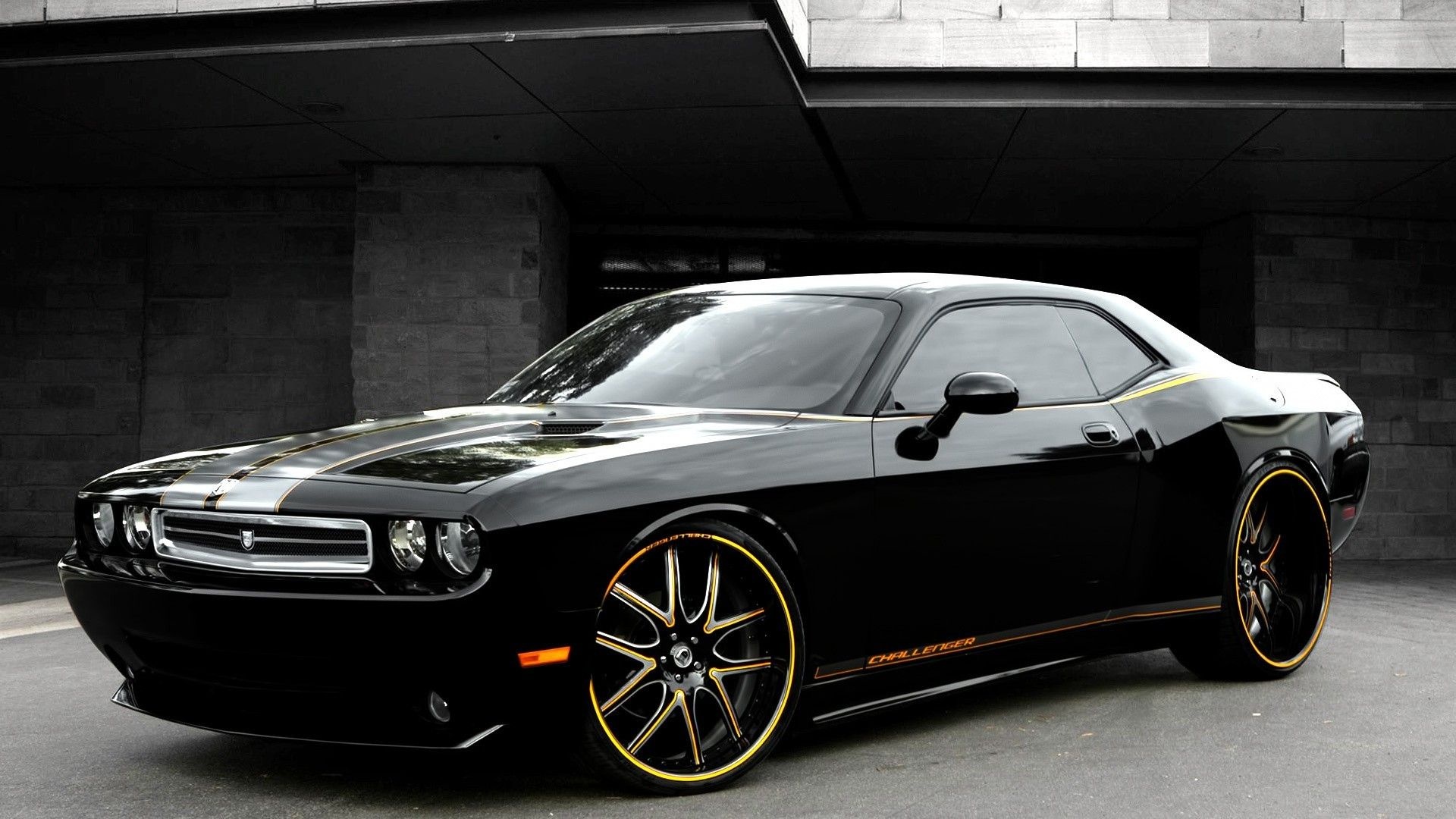 Dodge Challenger, gold accent racing stripes, custom black alloy wheels, Full HD Desktop wallpaper