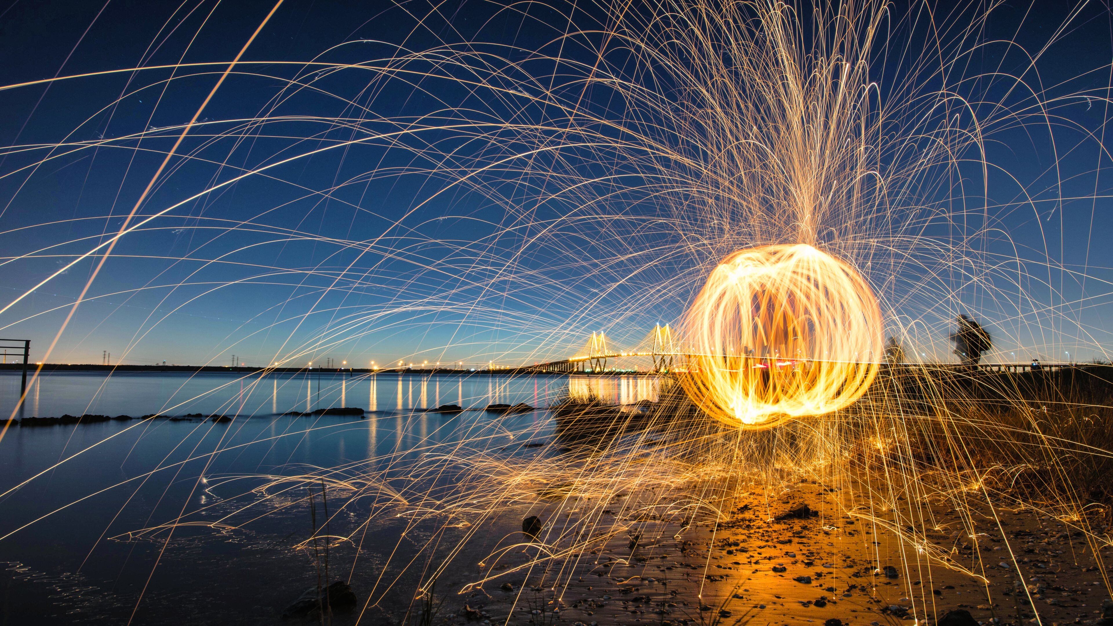 Gold lights, Fireworks photography, Night lights, Ocean bridge, 3840x2160 4K Desktop