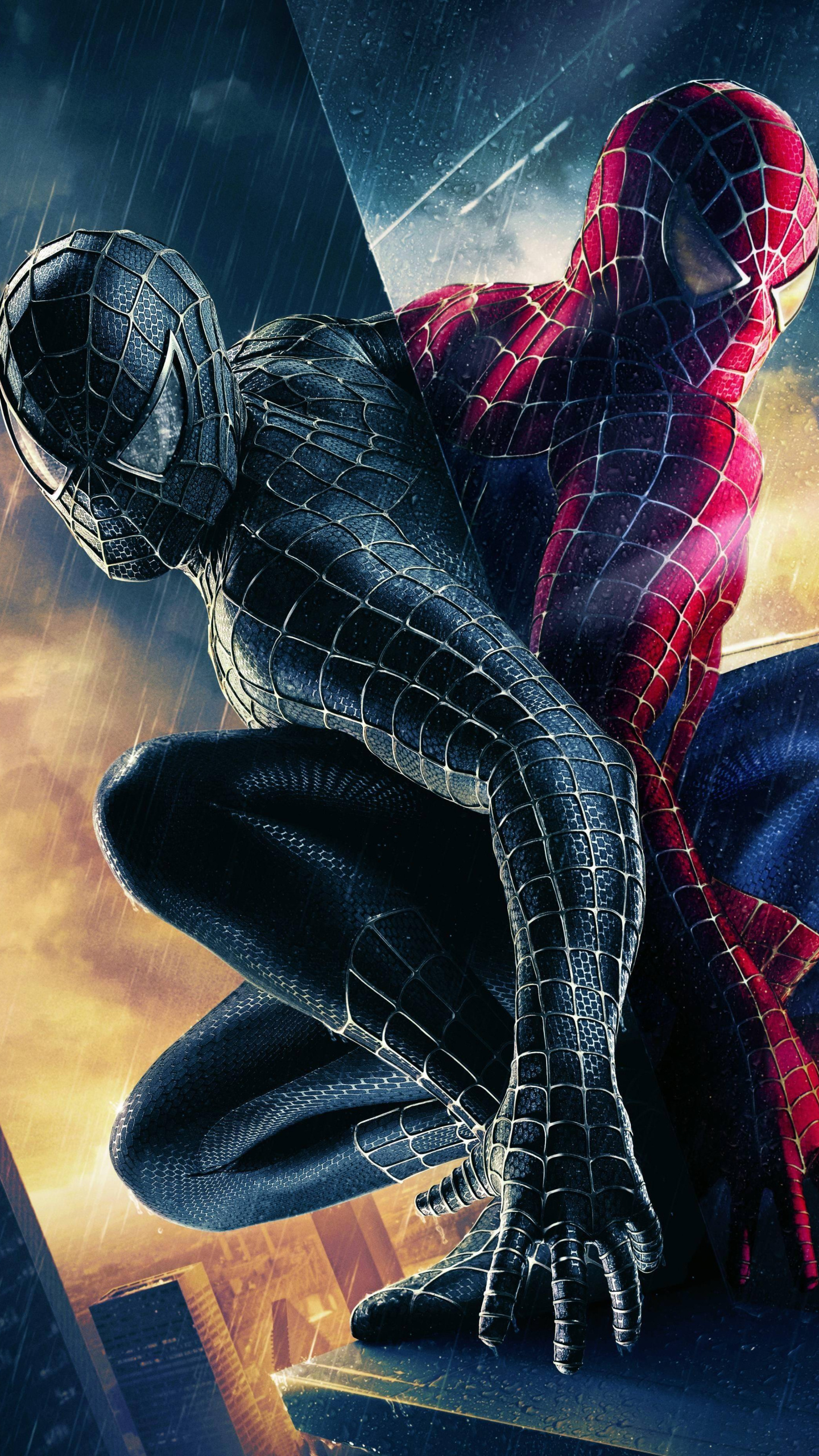 Black Suit Spider-Man, Red and Blue Spider-Man, Rainy New York City skyscraper, HD Phone wallpaper