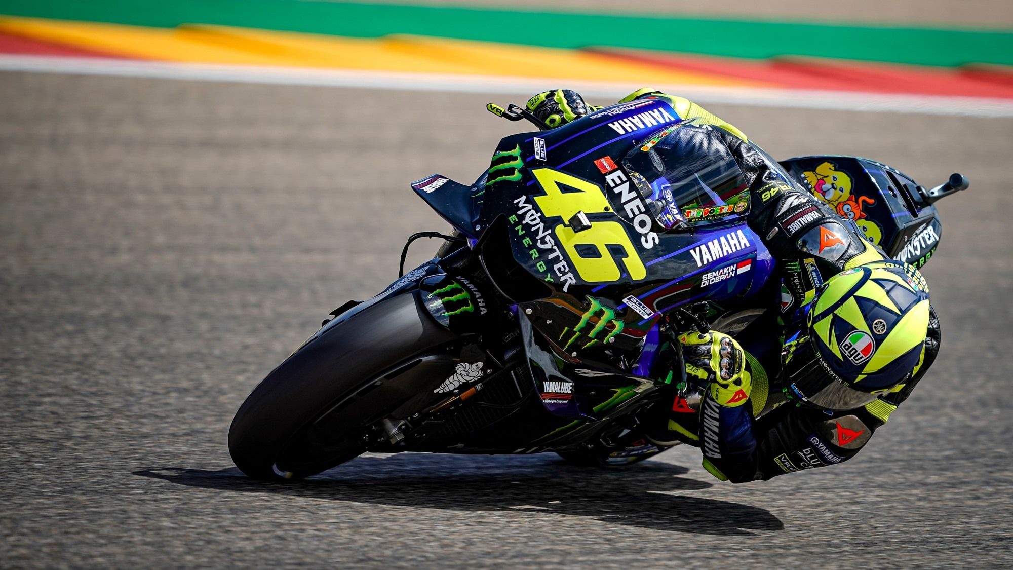 Valentino Rossi number 46, Monster Energy Yamaha YZR-M1, MotoGP lean on dark asphalt, HD Desktop wallpaper