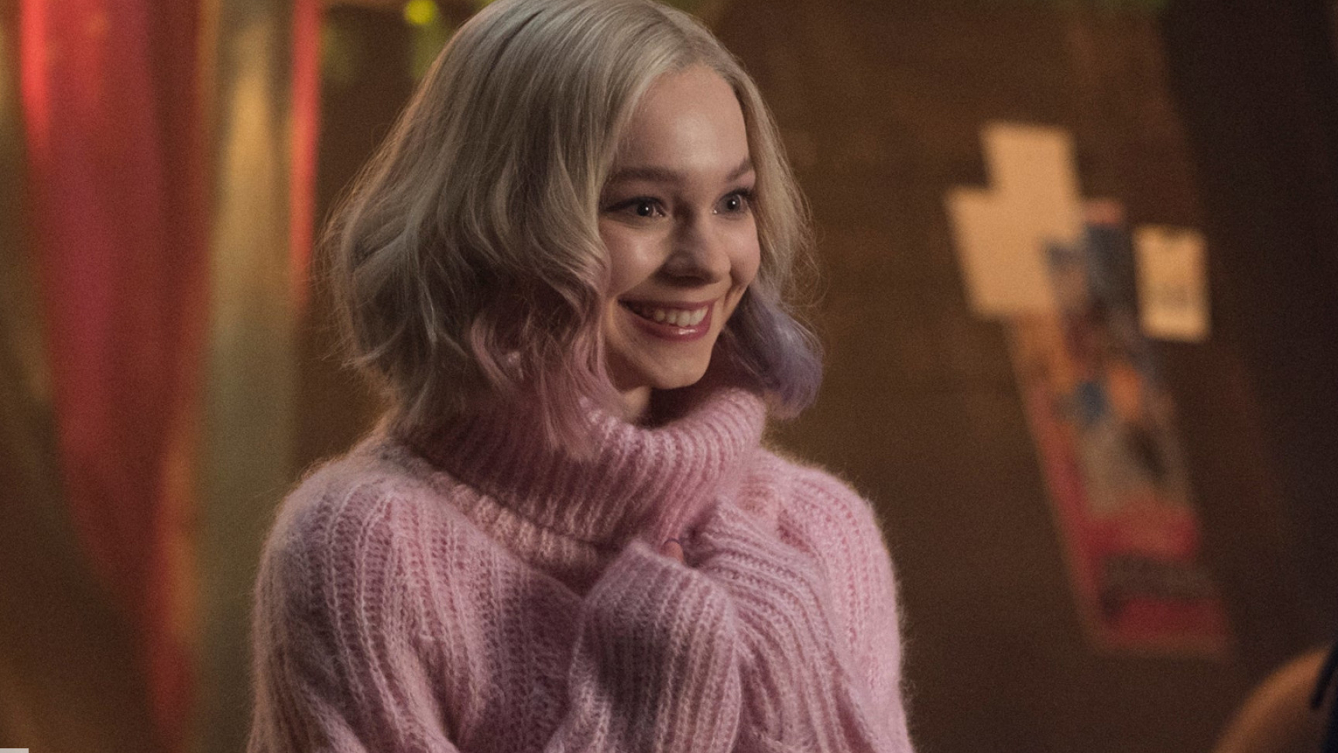 Emma Myers as Enid Sinclair, Pink mohair turtleneck sweater, Blonde bob with lilac tips, Full HD Desktop wallpaper