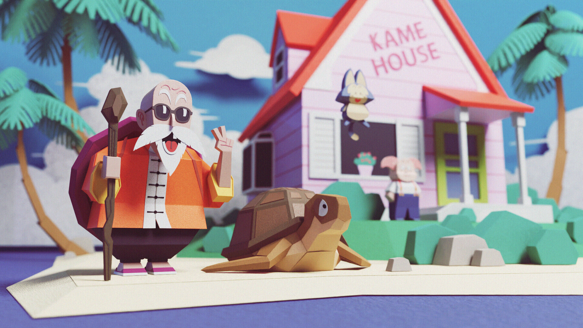 Master Roshi, Kame House, Turtle, Palm trees, Island shore, Dragon Ball, Full HD Desktop wallpaper