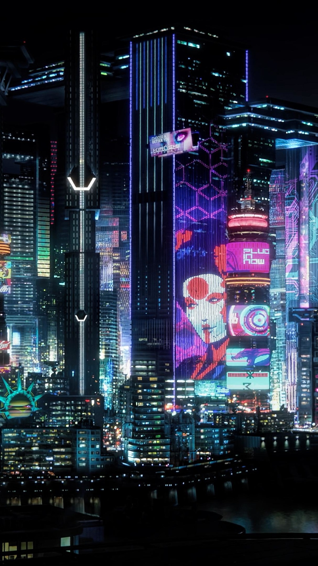 Cyberpunk 2077 Night City, Kiroshi Optical billboard, Geisha digital skyscraper facade, Full HD Phone wallpaper