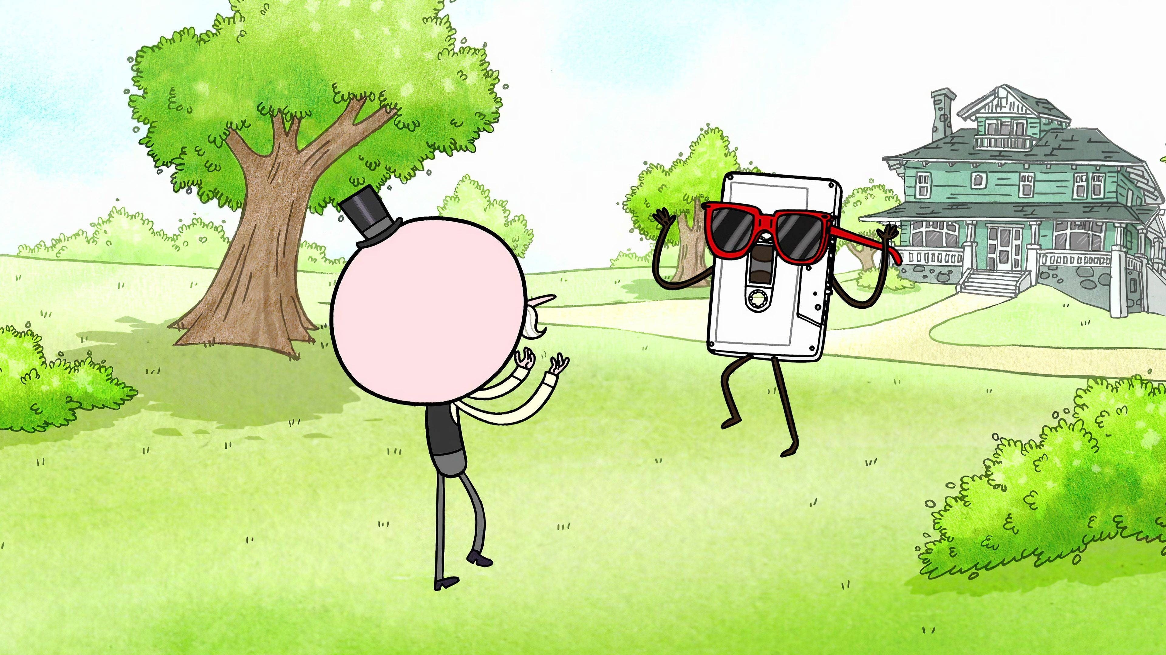 Pops dancing on the lawn, Cassette tape character in sunglasses, Green park house, Regular Show, 4K Desktop wallpaper