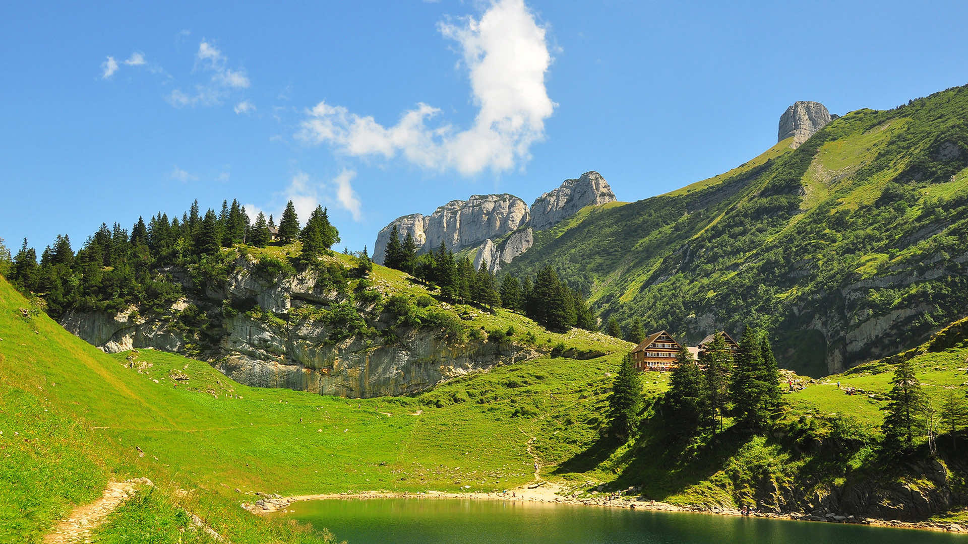 Seealpsee lake, Alpstein mountain range, Berggasthaus Seealpsee inn, Full HD Desktop wallpaper