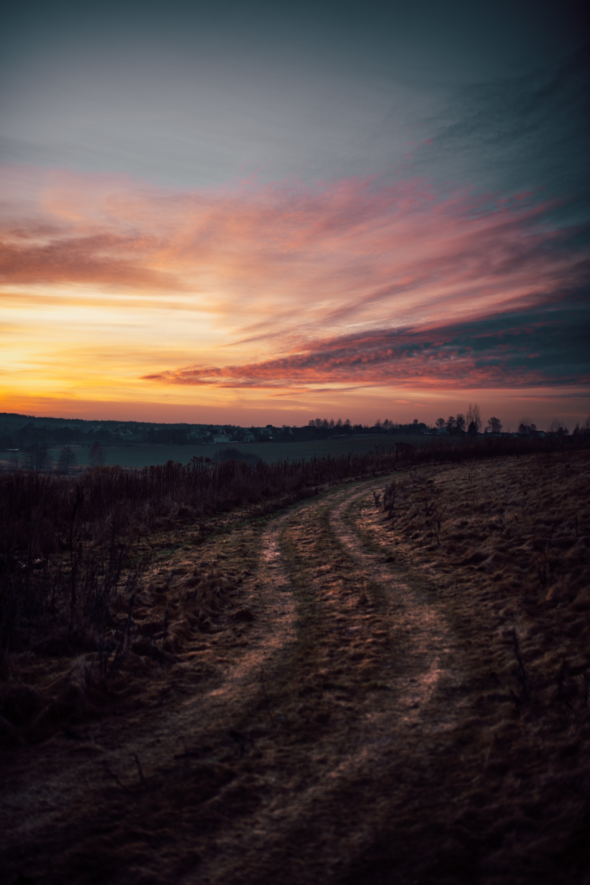 winding rural dirt track, dry grassy meadow hill, pink dusk cirrus clouds, HD Phone wallpaper
