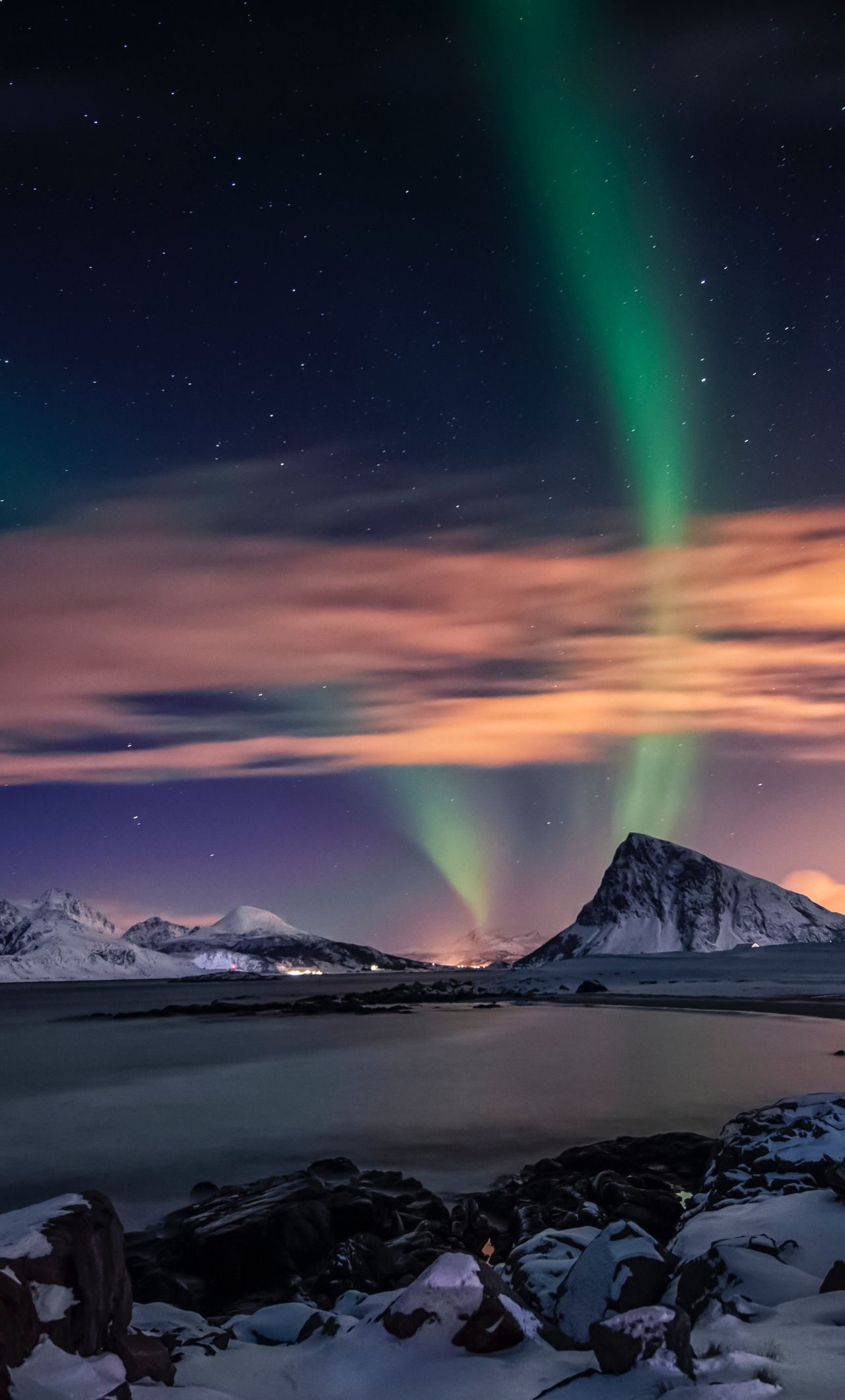 Green Aurora Borealis, Snowy coastal mountain, Starry night sky, HD Phone wallpaper