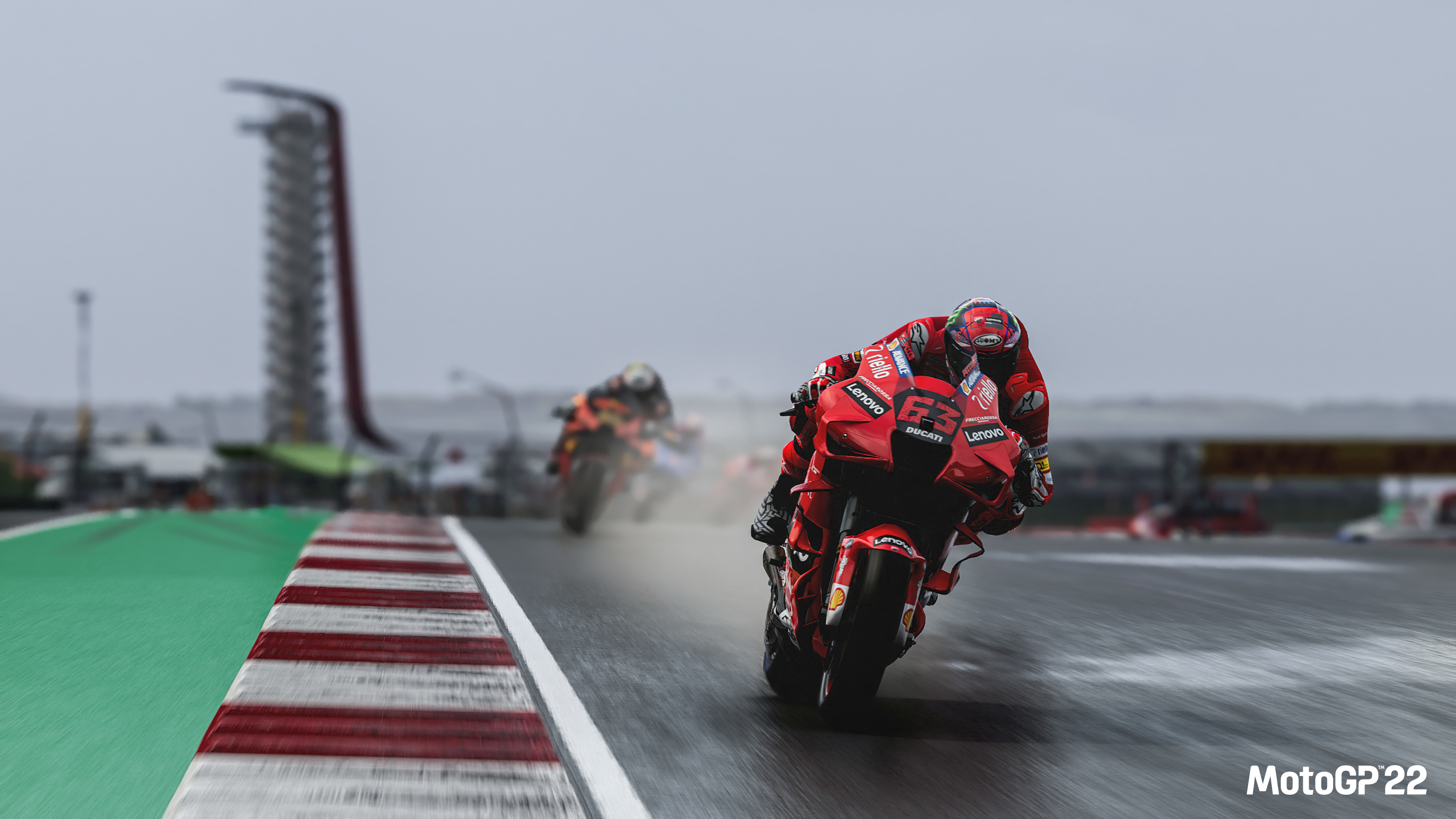 Francesco Bagnaia Ducati Desmosedici, Circuit of the Americas tower, MotoGP 22 video game, 4K Desktop wallpaper