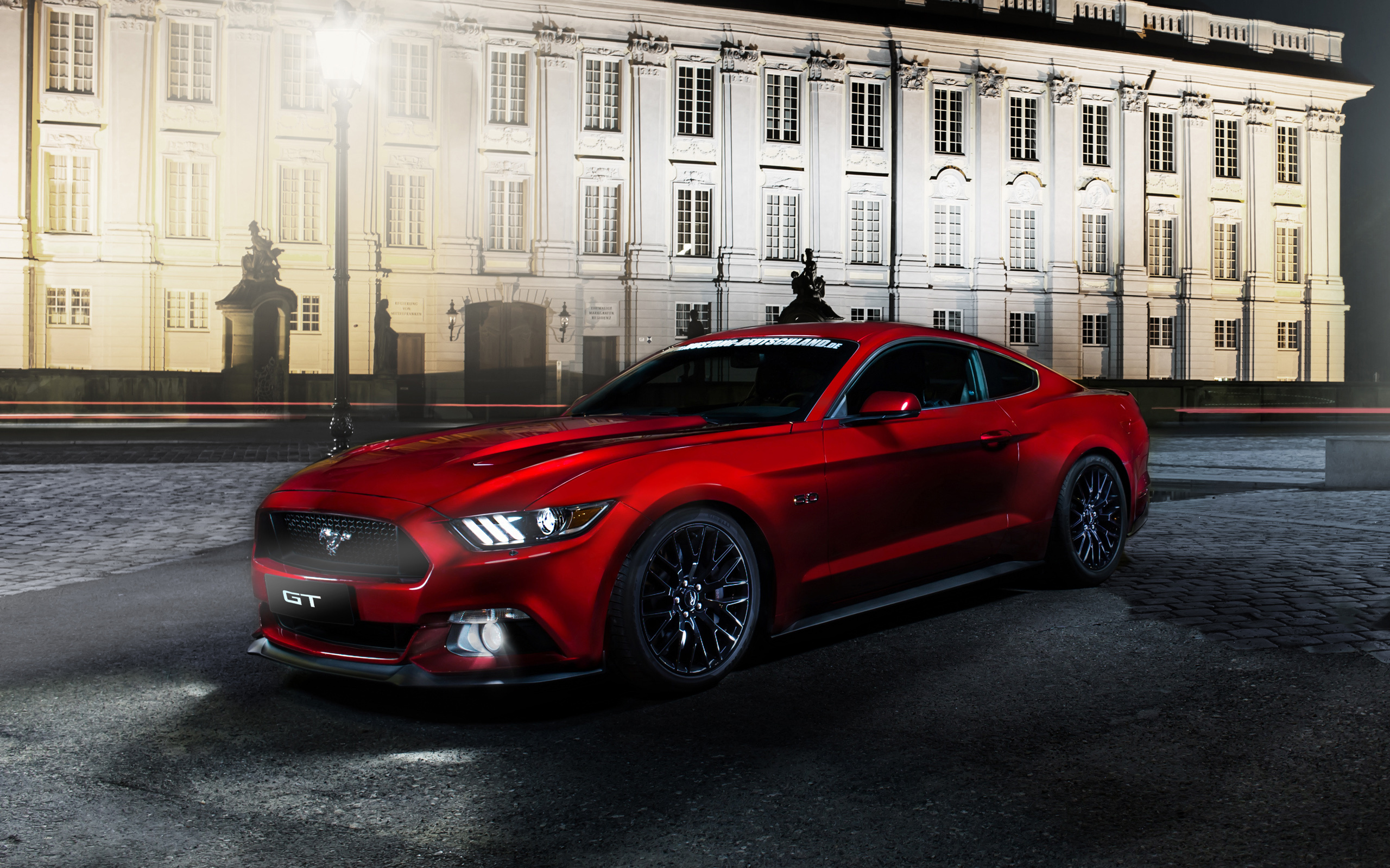 Red Ford Mustang GT, Neoclassical palace facade, Cobblestone square at night, HD Desktop wallpaper