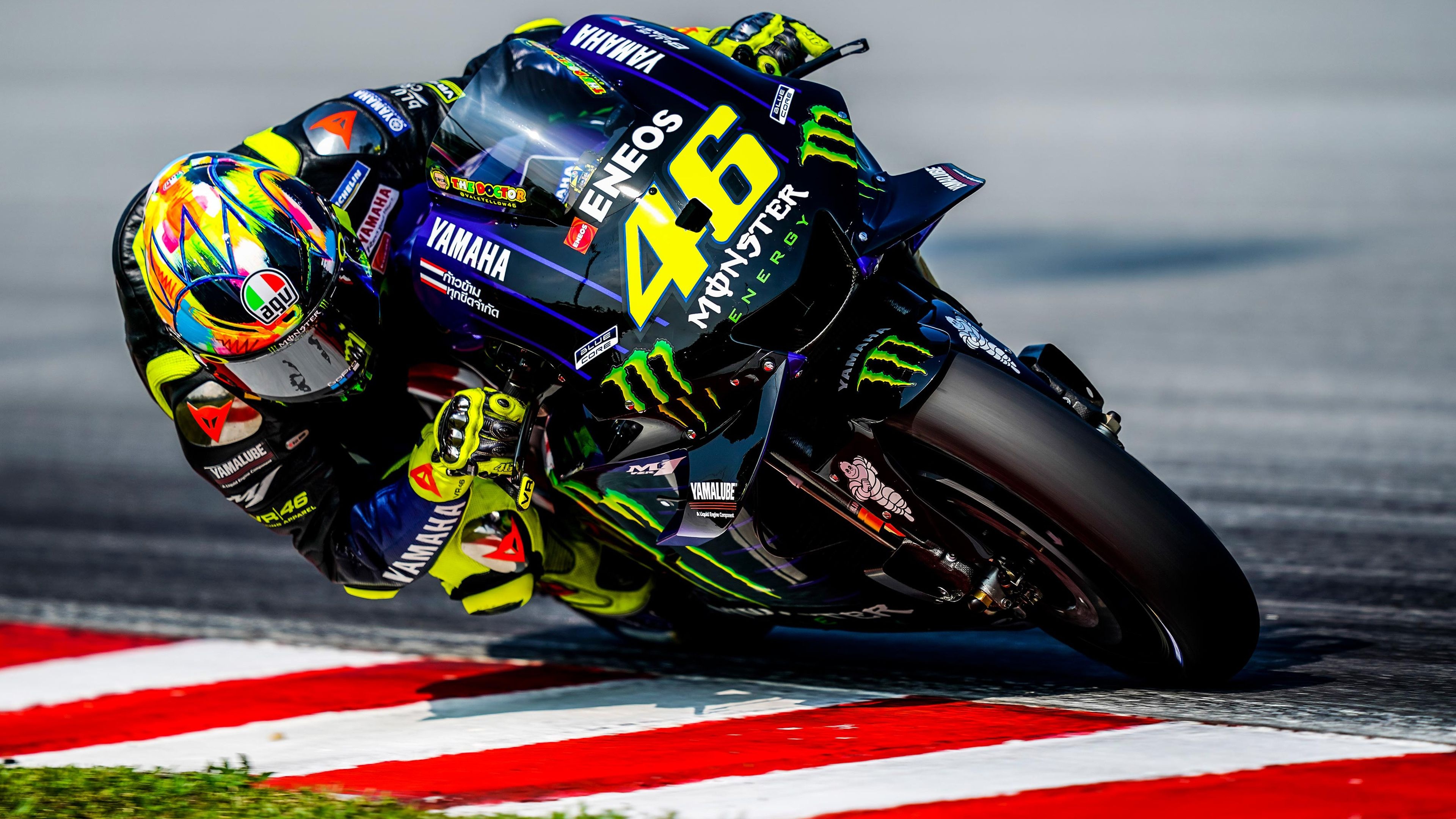 Valentino Rossi number 46, Monster Energy Yamaha YZR-M1, MotoGP knee down kerb, 4K Desktop wallpaper
