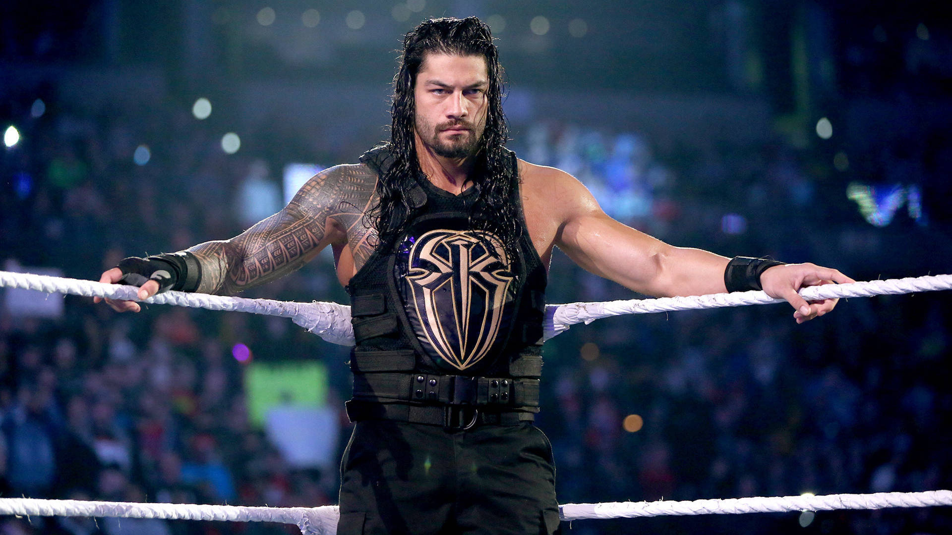 Roman Reigns, tactical vest with RR logo, WWE wrestling ring ropes, Full HD Desktop wallpaper