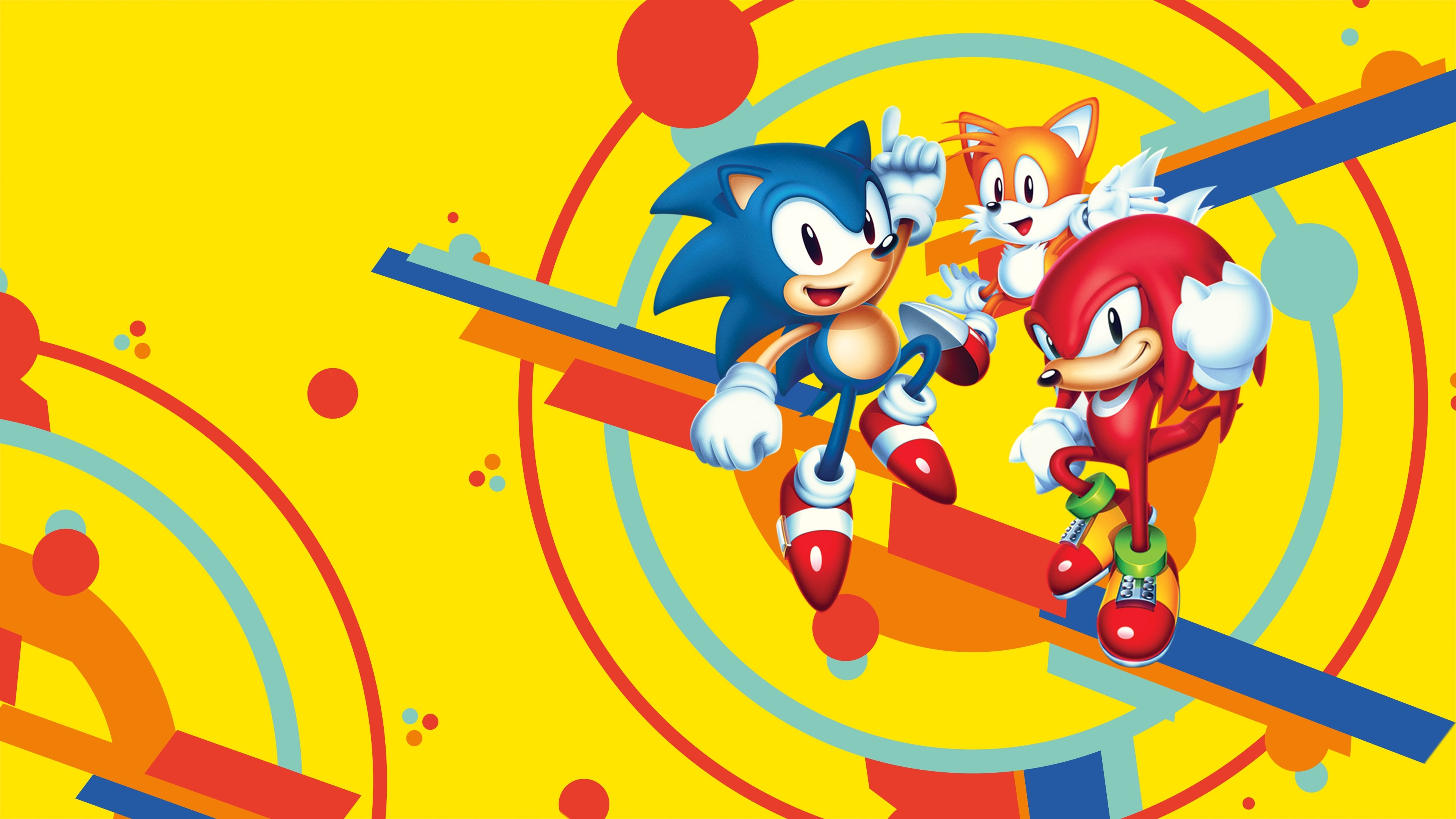 Sonic Mania key art, Sonic the Hedgehog pointing, Miles Tails Prower, Knuckles the Echidna, 4K Desktop wallpaper